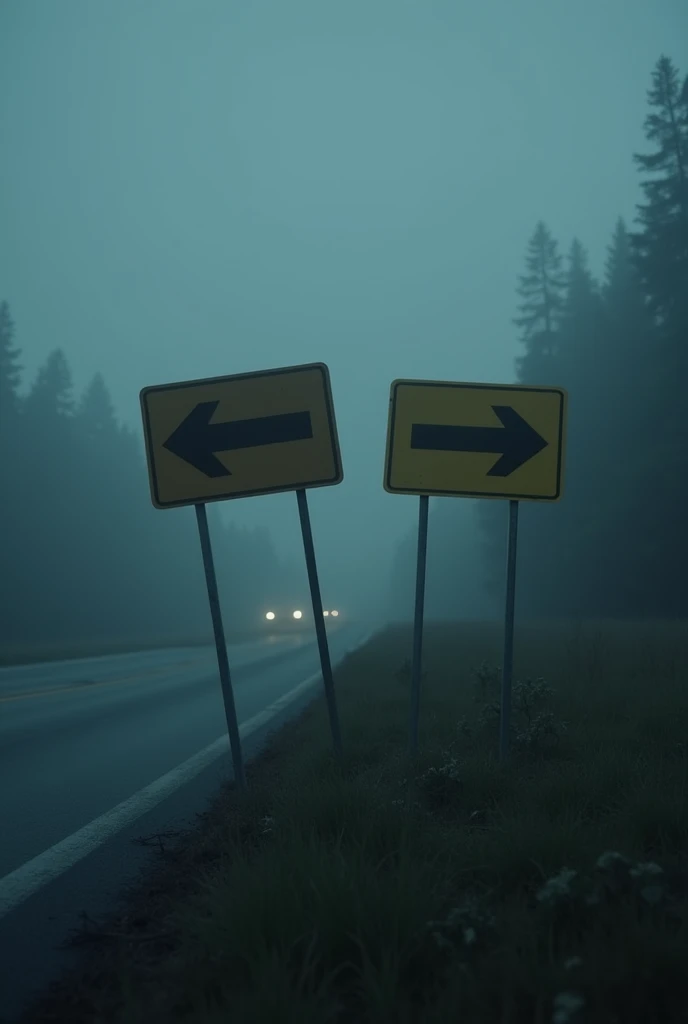  There are 2 signs pointing in opposite directions on the side of the road,  silent hill live action ,  octane render . fog,  video still , roadside, (mist),  scary of poor visibility , Nighttime footage, High resolution film still, creepy stills ,