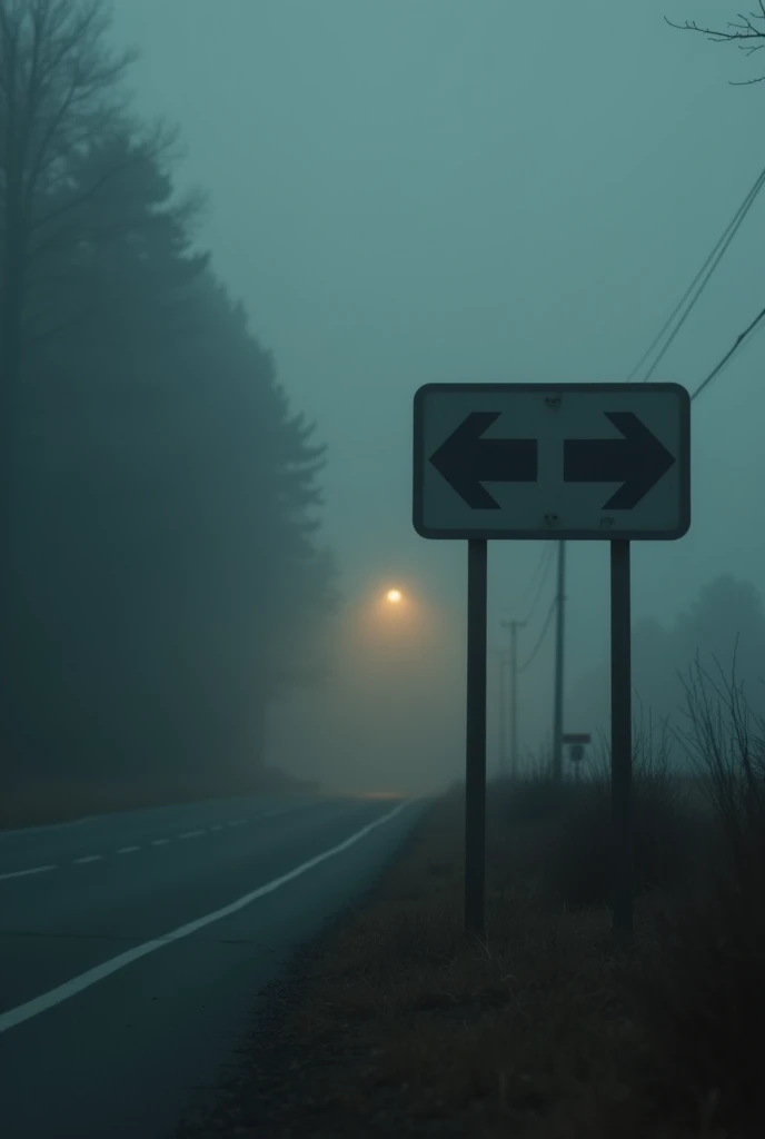  There are 2 signs pointing in opposite directions on the side of the road,  silent hill live action ,  octane render . fog,  video still , roadside, (mist),  scary of poor visibility , Nighttime footage, High resolution film still, creepy stills ,