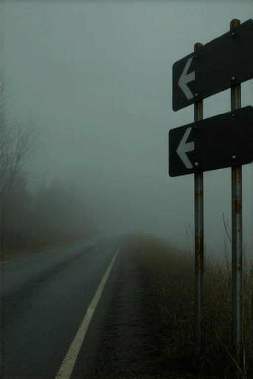  There are 2 signs pointing in opposite directions on the side of the road,  silent hill live action ,  octane render . fog,  video still , roadside, (mist),  scary of poor visibility , Nighttime footage, High resolution film still, creepy stills ,