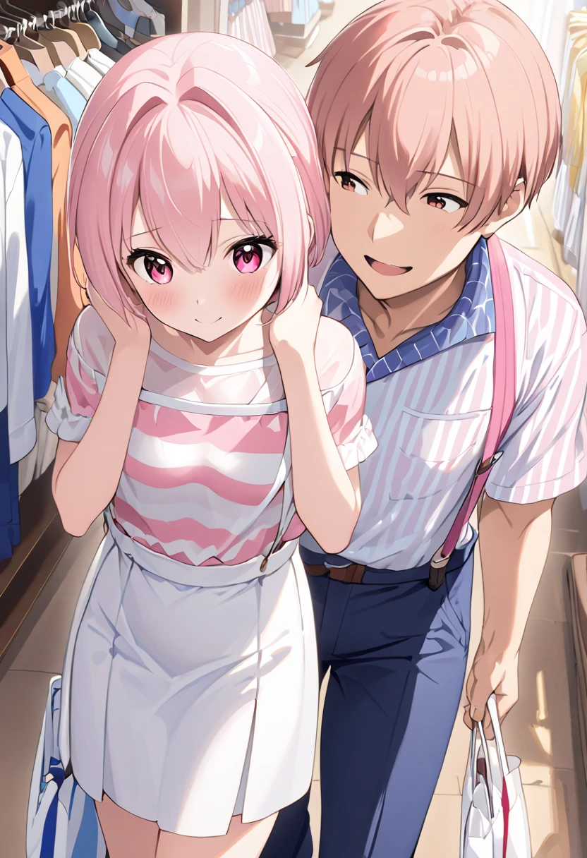  top quality、 anime painting、Round eyes 、 very young girl 、 very small breasts 、Long neck、Very thin body、Very slim legs、Glossy Light Pink Hair 、 、 short haired 、pink and white striped shirt 、 white miniskirt 、 I wear a white pouch over my shoulder、 apparel shop with clothes lined up、 1 middle-aged man、A man clings to a girl、excited man、Open your hands、smile、blush