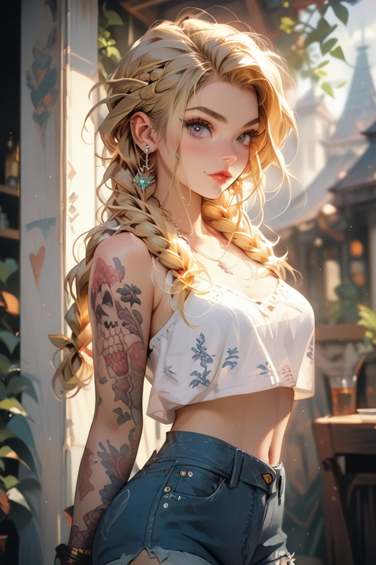 Blonde woman, braided hair style, tattoos all over body, white short top, very short jean shorts, perfect slim waist. 