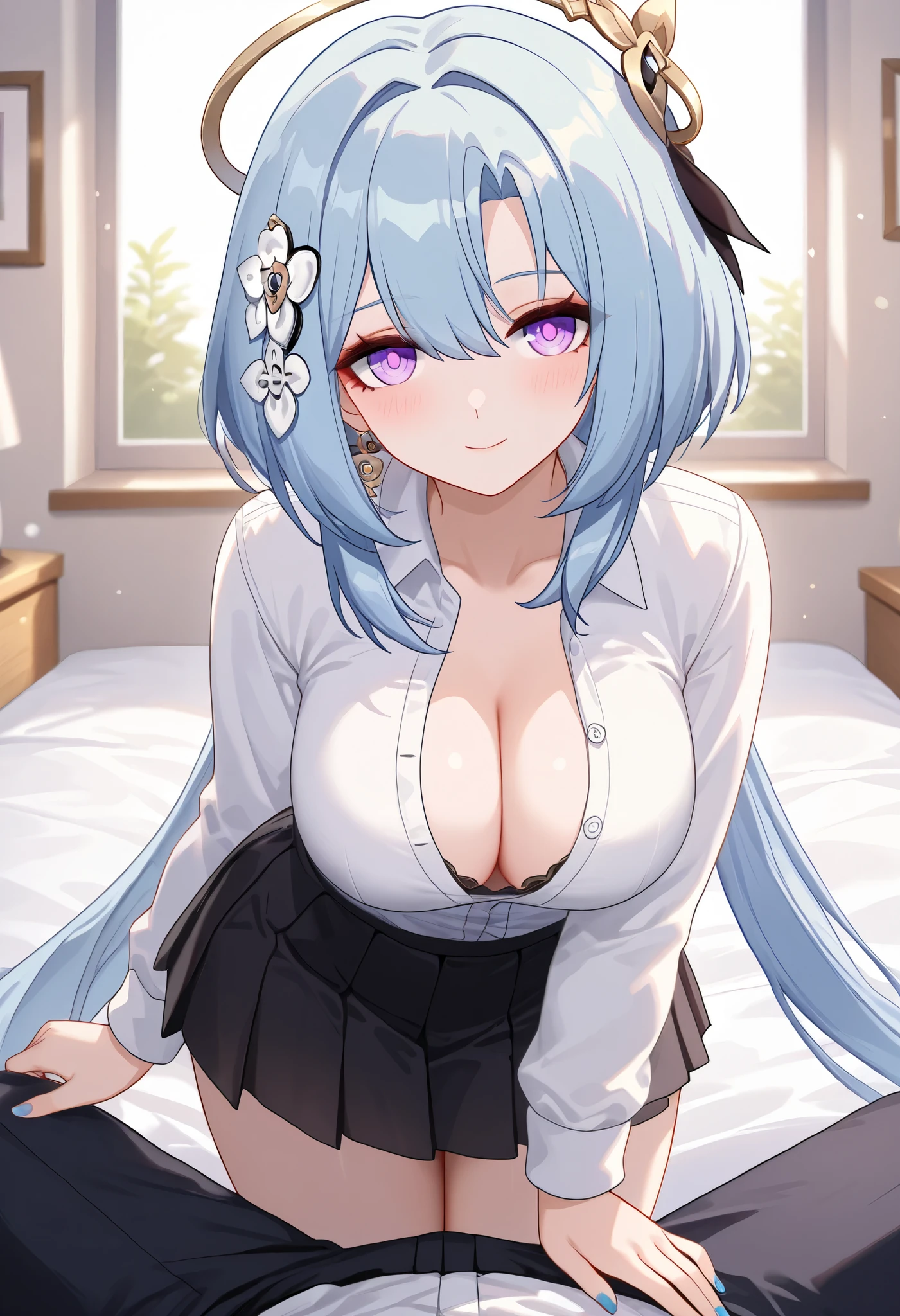 ultra-detailed,(best quality),((masterpiece)),(highres),original,extremely, 1girl, griseo,honkai impact 3rd, purple eyes, blue hair, large breasts, cleavage,looking at viewer, blush, smile, long sleeves, jacket, school uniform, white shirt, sidelocks, pleated skirt, open clothes, collared shirt, solo focus, indoors, black skirt, nail polish, hair intakes,on the bed,