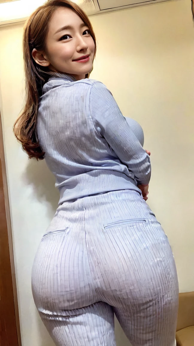 top-quality, ​masterpiece, RAW photo, ((female teacher:1.5)), glasses, naughty smile (1.5), ((long sleeve blouse)), ((shirt button open:1.5)), full body view, (front view: 1.5) curvy body shape (1.5), saggy breasts, large butt (1.5), wide hips 1.5), natural abs, thick legs, wet shiny skin (1.5), shaved pussy (1.2),classroom background, ((hands opening school book and reading the book:1.5))