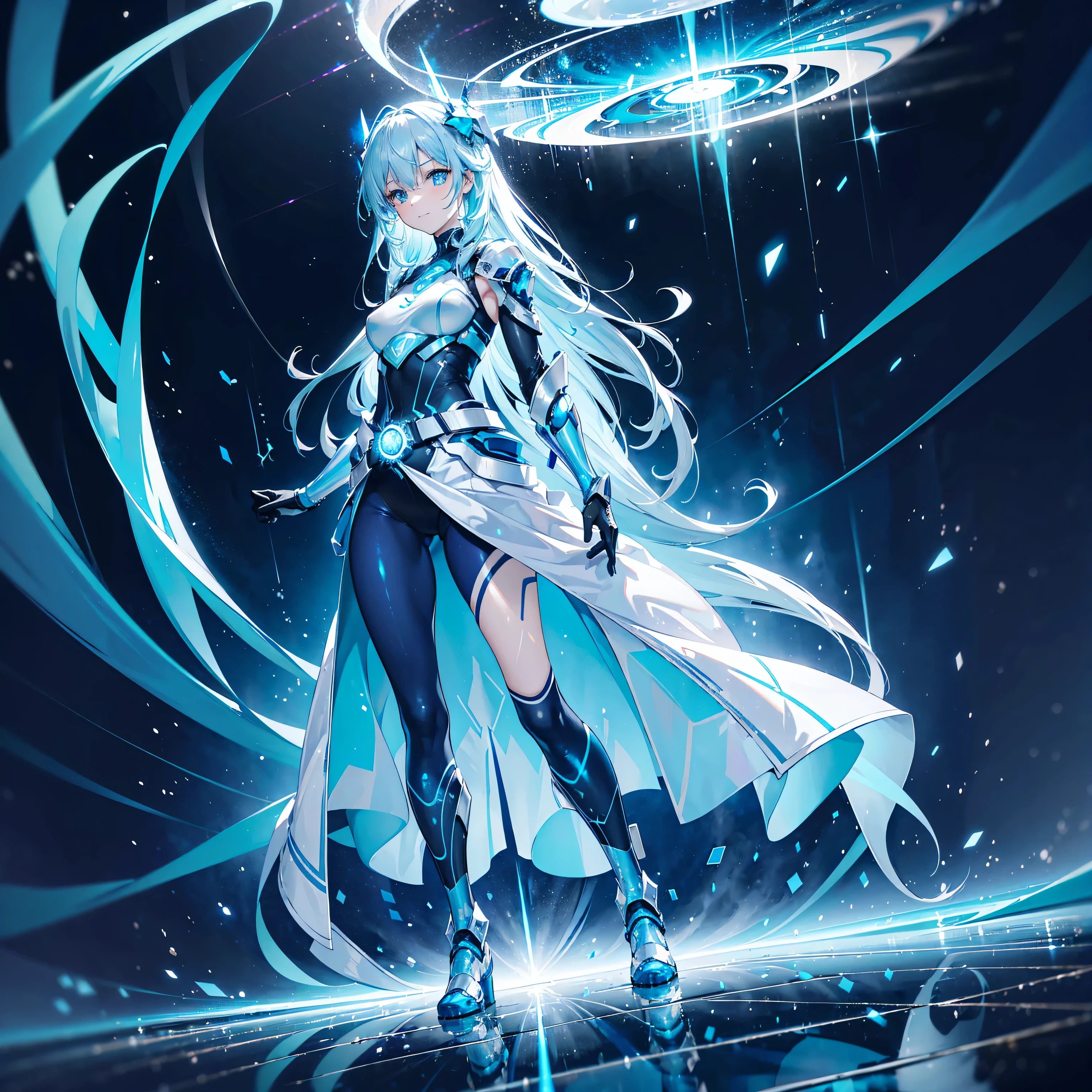 8k, Highest quality, (real:1.4), Original photo, 1 girl, Asari Hair, Biological Amplifier, Very sleek and futuristic armor, posture: Peace talks between warring factions,,attention arousal, smart blue eyes,A modest smile,Knee-high boots,Patent-look blue tights,Blue big moon and blue light swirl in the background,Blue light from behind,blue light magic,A small, glowing blue ball in the palm of your hand,Blue flame swirl,Blue Comet,Polished floor,