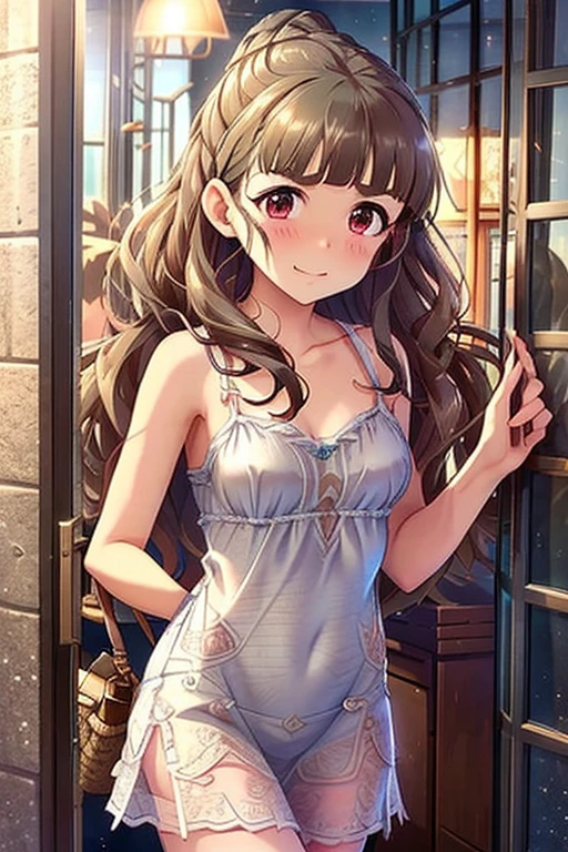  shiny brown hair,  long hair, (Beautiful red eyes、  Sparkling Eyes  , fine grain)、smile、 ultra-detailed eyes sandwiched between columns、 Highly Detailed Faces,  extremely detailed eyes, Cowboy Shots、
((  and browse barefoot be careful)),(())(( Translucent Thin Camisole Dress)), anime style:2,  MatureMature,Shyness, red face,Teary-eyed,Shyness, short haired ,Downtown Street Corner at Night ,passenger,(Areola), turn your hands on your back,,Expose