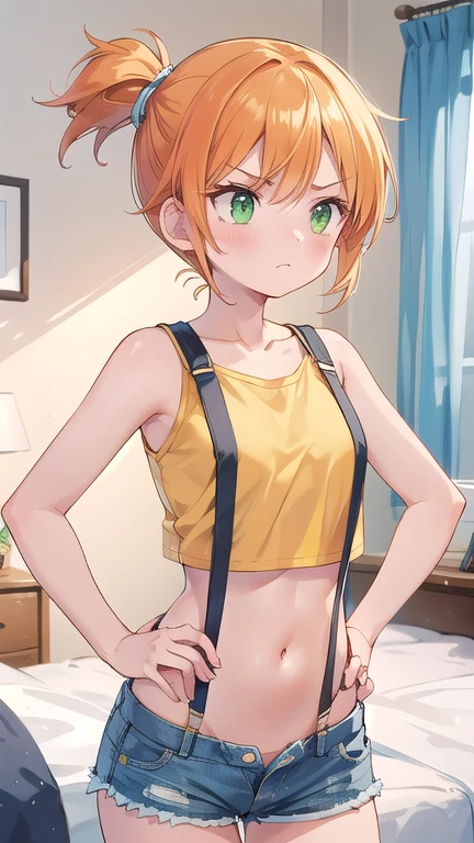 misty,(groin:1.1),(groin tendon:1.2),suspender shorts,suspenders,1girl,solo,long hair,groin,breasts,short hair,bangs,navel,bare shoulders,closed mouth,green eyes,standing,collarbone,cowboy shot,small breasts,shorts,sleeveless,midriff,orange hair,side ponytail,crop top,v-shaped eyebrows,looking to the side,bare arms,short shorts,eyelashes,sleeveless shirt,frown,looking away,tank top,denim,blue shorts,denim shorts,hands on hips,yellow shirt,hair tie,looking afar, bedroom