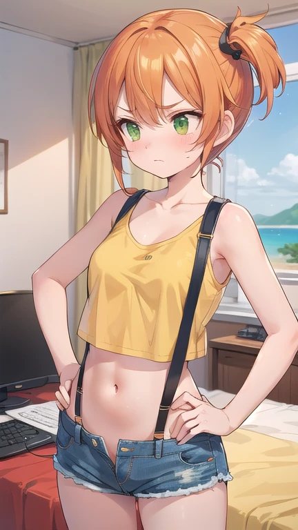 misty,(groin:1.1),(groin tendon:1.2),suspender shorts,suspenders,1girl,solo,long hair,groin,breasts,short hair,bangs,navel,bare shoulders,closed mouth,green eyes,standing,collarbone,cowboy shot,small breasts,shorts,sleeveless,midriff,orange hair,side ponytail,crop top,v-shaped eyebrows,looking to the side,bare arms,short shorts,eyelashes,sleeveless shirt,frown,looking away,tank top,denim,blue shorts,denim shorts,hands on hips,yellow shirt,hair tie,looking afar, bedroom