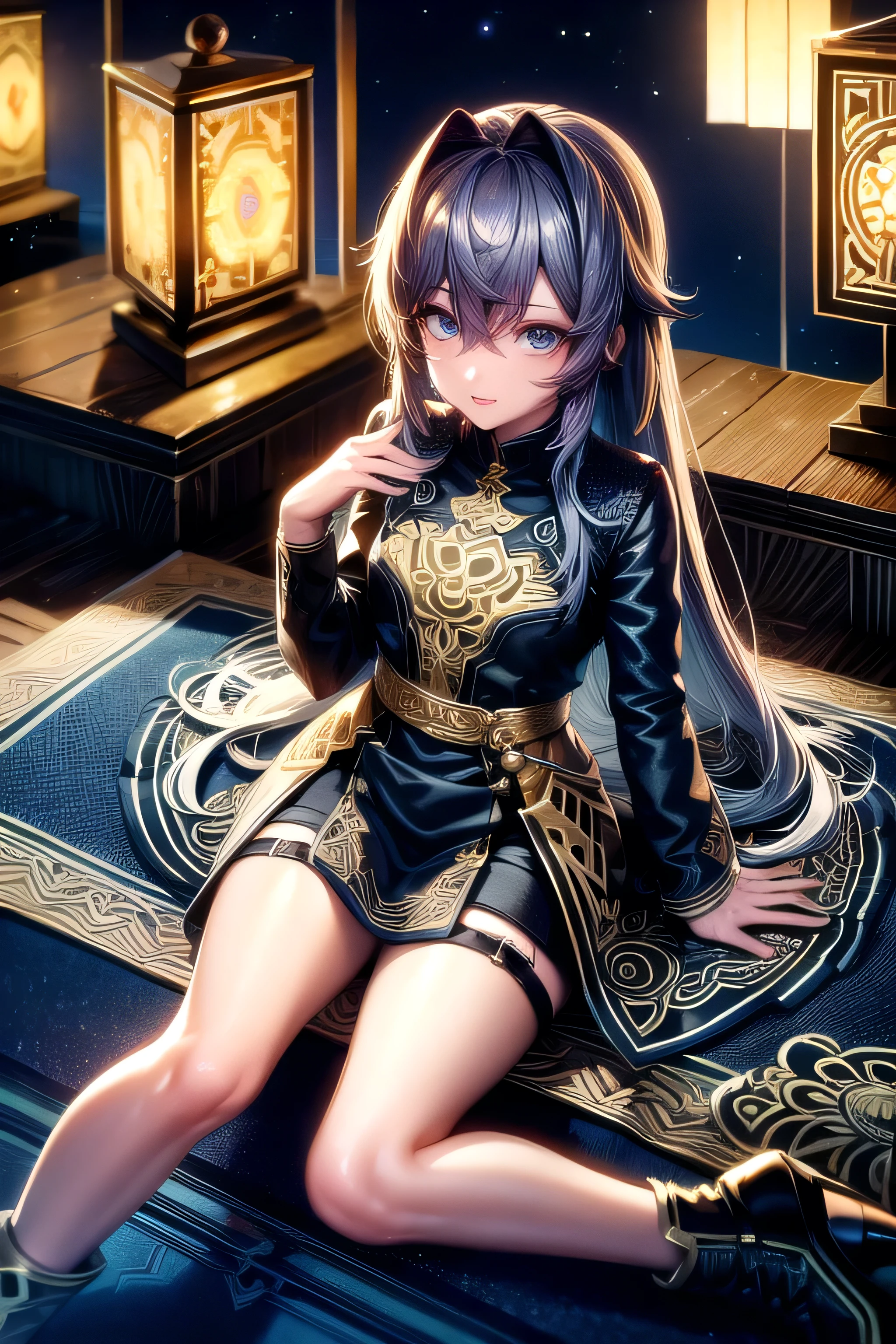 (( top quality)), Golden Land ,Blue rhino, Lantern, Gray Hair, Red Eye, long,gloss, lotus,