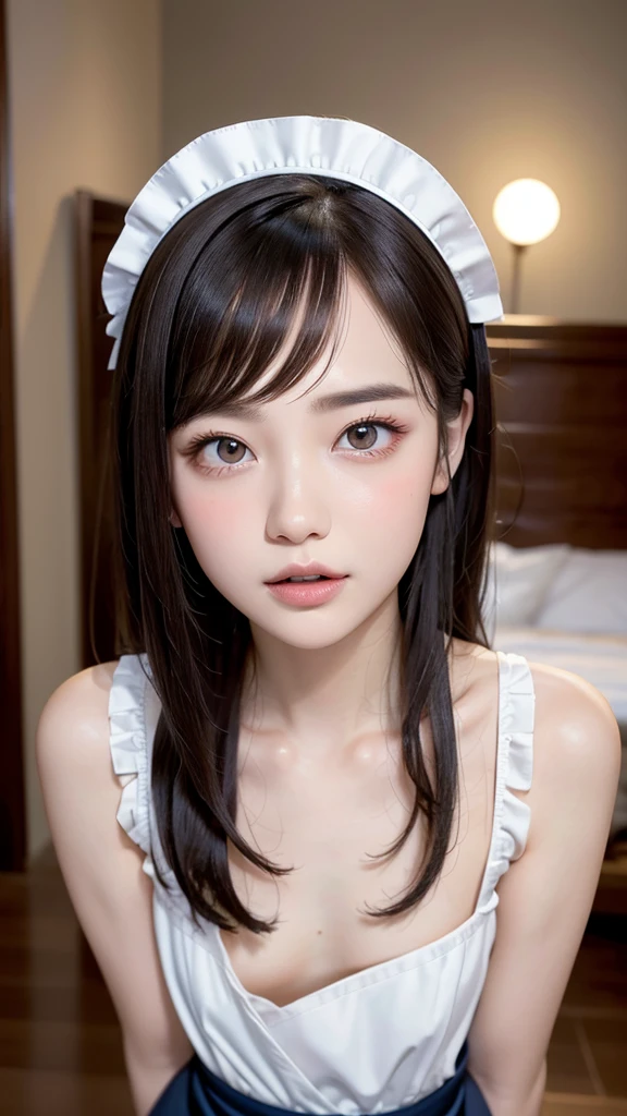 a close-up of a young woman wearing a white dress and a white headband, kawaii retrato realista, ultrarrealista doce coelhinho menina, hiper-realista , pale porcelain white skin, cabelos pretos e olhos grandes, rosto bonito claro, bonito rosto de anime natural, com lindos olhos detalhados, pale snow white skin, beautiful aesthetic face, pale milky white porcelain skin, grandes olhos detalhados