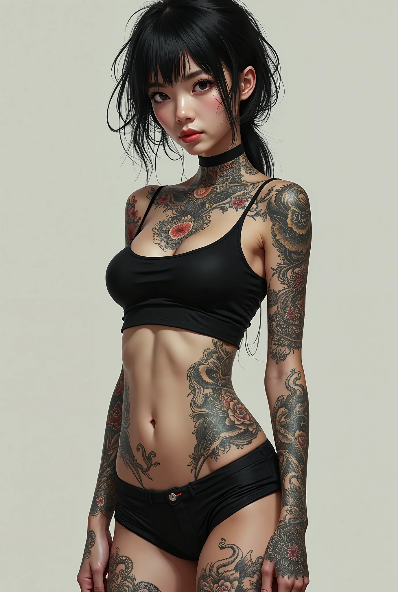 1 Close-up of an 18-year-old girl,swear word,(((The three characters of the tattoo with bare skin all over the body are traditional Chinese))),(((Her face was covered with tattoos))), ((Japanese live-action actress)),((Realistic effect and clarity of DSLR cameras)), ((cabelos preto e longos,By bangs)), ssmile,((There are various tattoos on the face)), Fleshy lips,largeeyes,red lipsticks,( Itching of the lips),choker necklace, 耳Nipple Ring, and makeup, ((Full body skin tattoos are Chinese)),((The content of the tattoo is a three-character scripture Chinese,The dense words are clear)),((There are similar tattoo designs on underwear)),looking at the camera in,Frontal photo,Side photo,Back photo,((high-heels)),Bigchest,slenderlegs,Slim,Less clothes