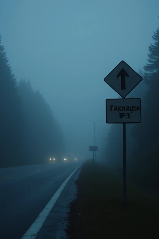  There are 2 signs pointing in opposite directions on the side of the road,  silent hill live action ,  octane render . fog,  video still , roadside, (mist),  scary of poor visibility , Nighttime footage, High resolution film still, creepy stills ,