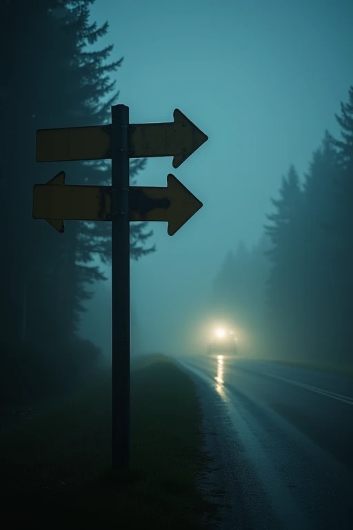  There are 2 signs pointing in opposite directions on the side of the road,  silent hill live action ,  octane render . fog,  video still , roadside, (mist),  scary of poor visibility , Nighttime footage, High resolution film still, creepy stills ,