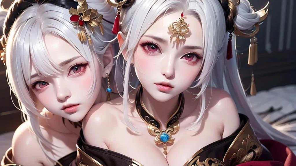 super high quality, masterpiece, Perfect illustration, Very detailed:1.6, 1girl, 23 years old, cute girl, white hair, sharp and big beautiful eyes, large breasts, bright skin, Tattoo under the eyes. fantasy royalty, onmyoji, majesty, asian dress. black and gold clothes. simple background
