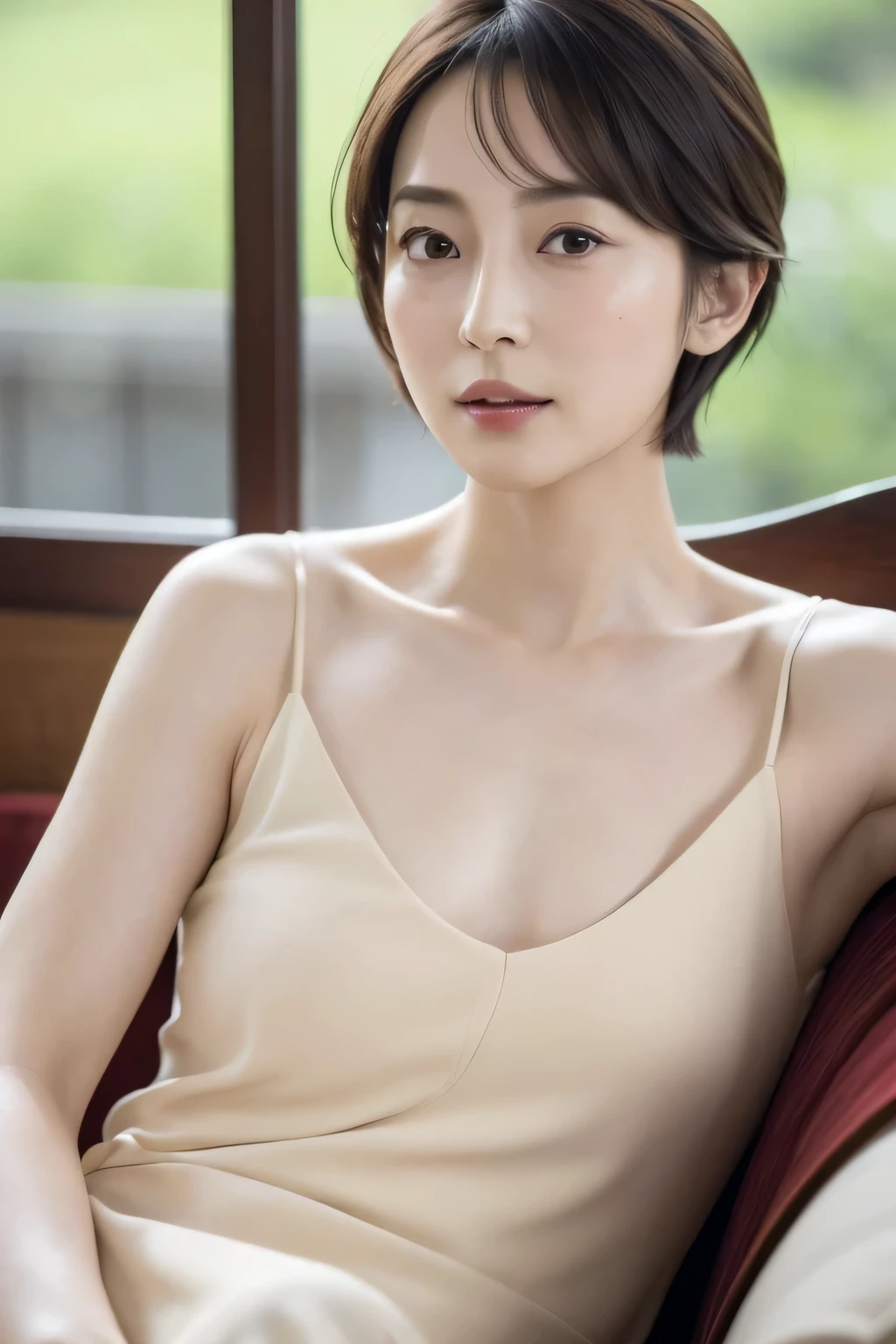 ((masterpiece, 8k wallpaper, highly realistic photograph, highly detailed skin, highly detailed face, best quality)), (a skinny Japanese woman is sitting on a chair), 40 years old, mature woman, short bob hair style, small nipples, small breasts, beautiful armpits, vagina, anatomically correct, だらしなく脚を開いて, blurred background, 