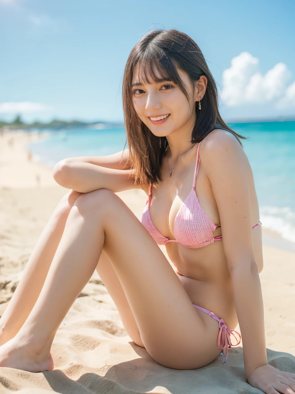 1 pretty girl，white skinned，brown  hair，looking at viewer, beautiful small chest, France, pony tail, happy smile, sports, pink stylish sexy bikini, swimming, riding, pulling, dynamic, blooming tree, beach