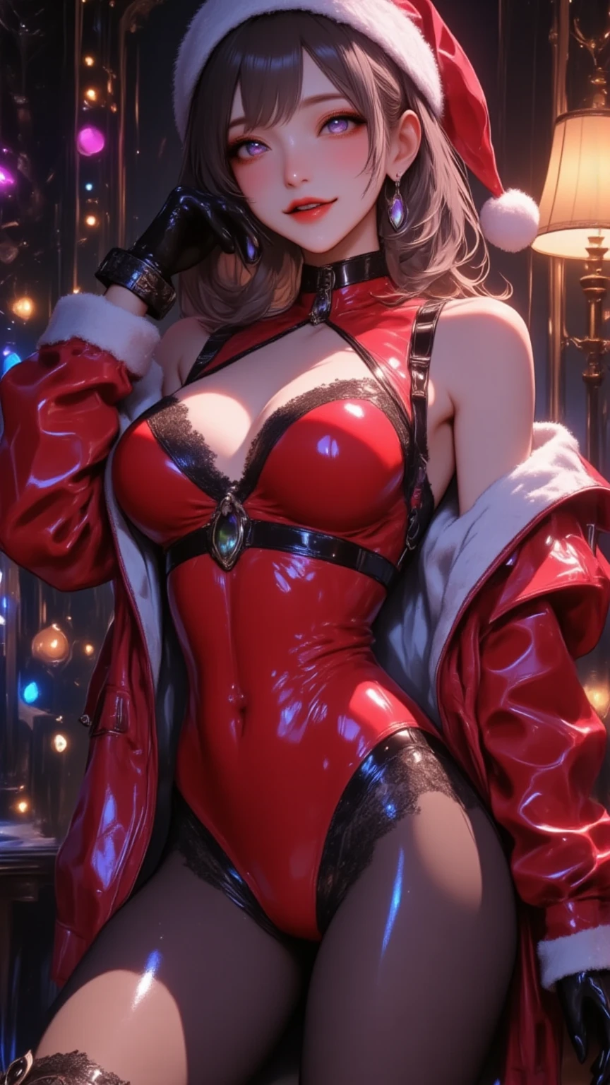  1 mature bewitching woman , full body image :2.0,(masterpiece, top quality, very detailed depiction, Incredibly Absurd High Definition ,Curvaceous Body),(Bewitching Queen ),(red latex Santa Claus costume, bodystocking,Santa hat,black lace gloves, luxury accessories ,earrings,necklace, bracelet ,A mysteriously shining jewel, black tights, high heels, thigh high boots ),(Purple Eyes,Crazy Eyes, Half Closed Eyes :1.5, are opening their mouths, bewitching smile , Glossy Lipstick,Beautiful legs, healthy legs,Hand on cheek, model pose), standing:2.0,Dim atmosphere,Lamplight