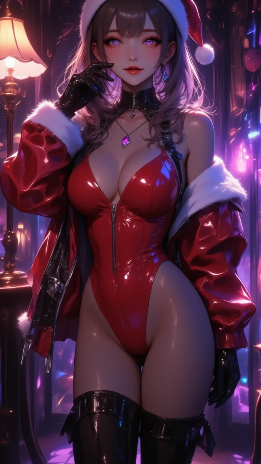  1 mature bewitching woman , full body image :2.0,(masterpiece, top quality, very detailed depiction, Incredibly Absurd High Definition ,Curvaceous Body),(Bewitching Queen ),(red latex Santa Claus costume, bodystocking,Santa hat,black lace gloves, luxury accessories ,earrings,necklace, bracelet ,A mysteriously shining jewel, black tights, high heels, thigh high boots ),(Purple Eyes,Crazy Eyes, Half Closed Eyes :1.5, are opening their mouths, bewitching smile , Glossy Lipstick,Beautiful legs, healthy legs,Hand on cheek, model pose), standing:2.0,Dim atmosphere,Lamplight