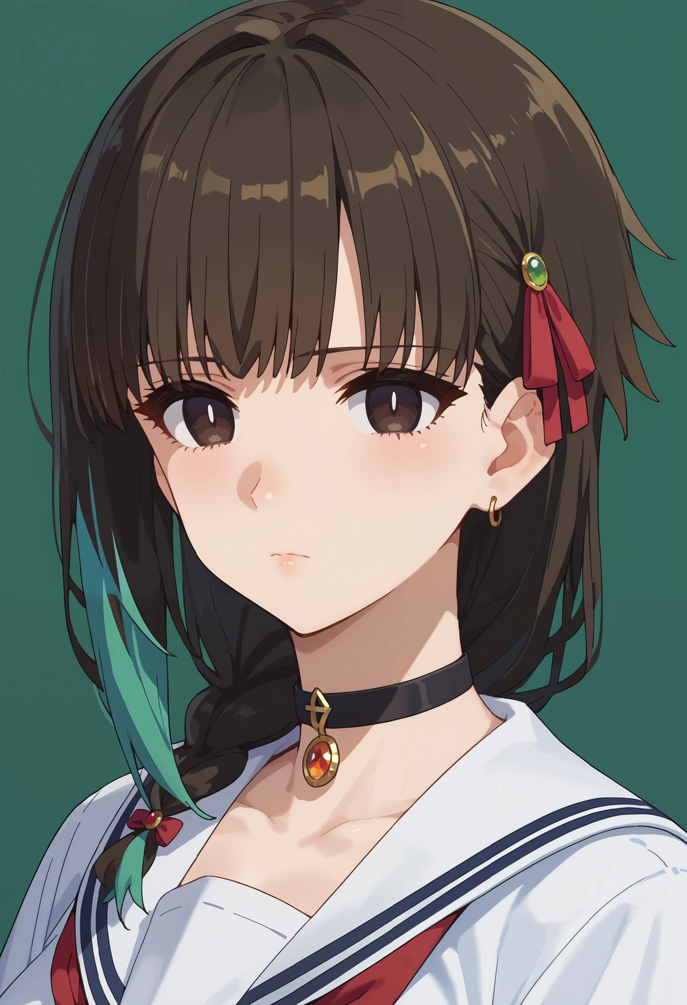 score_9, score_8_up, score_7_up, Yuki Yokoya , I'm looking at the viewer , black choker to hold breasts and nipples, gem, white sailor color, earrings, Multicolored Hair, Green background, school uniform , simple background, Closed Her Mouth , clavicle, Portraits, , 1 girl, Serafuku , hair ribbon
