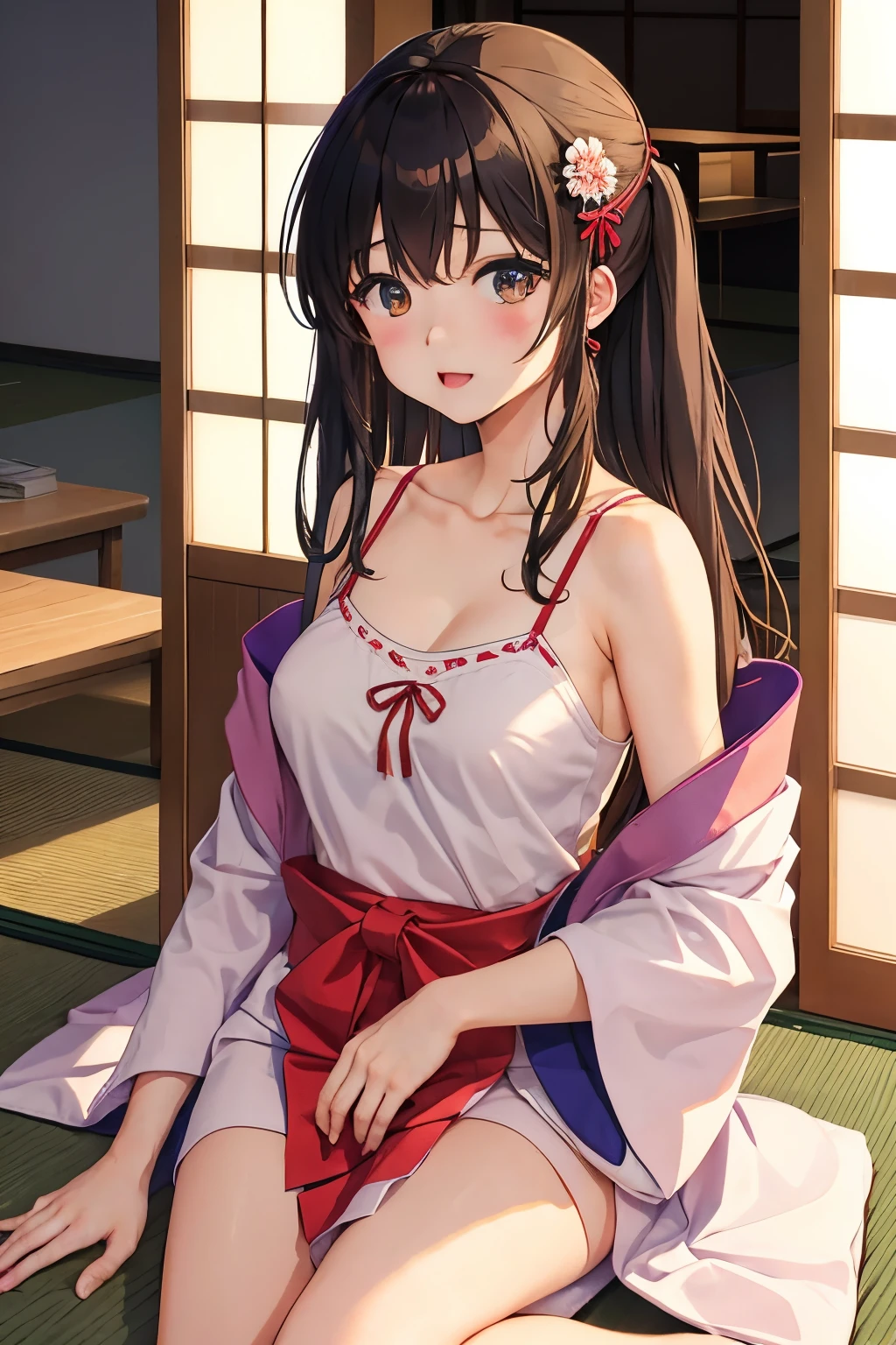 (top-quality: 1.3), (masterpiece: 1.3),high school student, blue eyes, collarbone, (bright red flower hair ornament, Blue yukata, long black hair girl, floral pattern yukata, tying hair)lie down on the futon, Japanese style room, nighttime scene