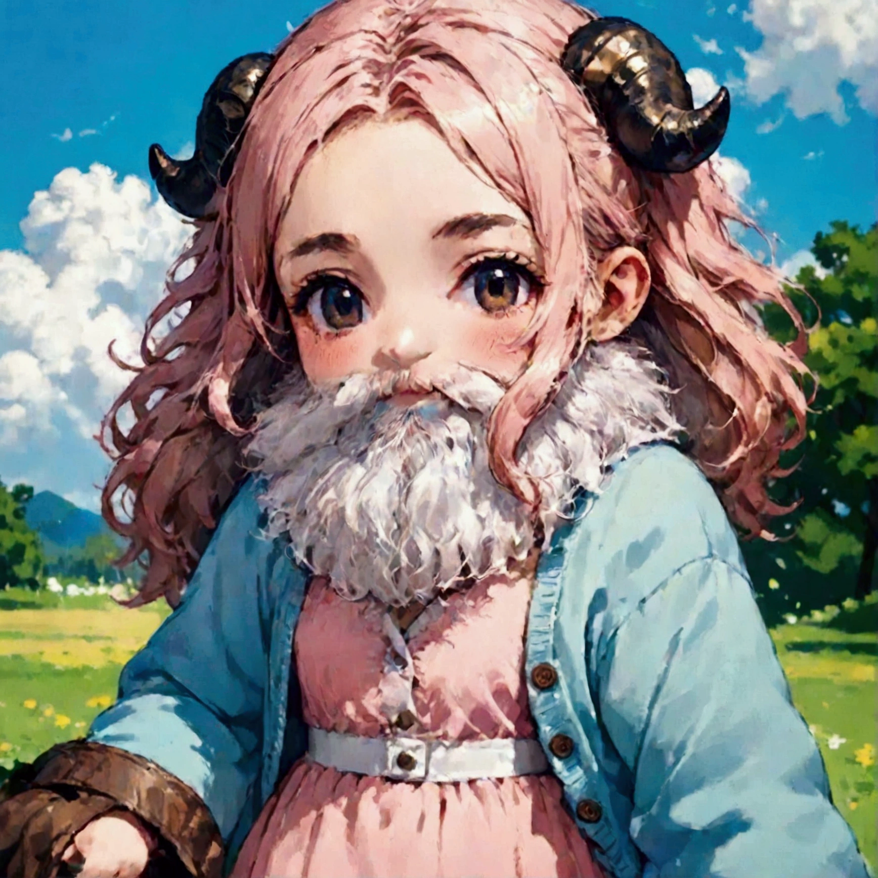 score_9, score_8_up, score_7_up, source_anime, (masterpiece:1.3, best quality:1.3, 8k,  highres icon:1.3, good anatomy), 1girl disguised with a white beard, white beard:1.5, fake beard:1.5, bearded girl:1.5,  pink fluffy long hair\ Fluffy Long Hair, Sheep&#39;s round horns, Thick eyebrows, smile,  Pink Dress ,  sky blue cardigan ,  brown boots , cute