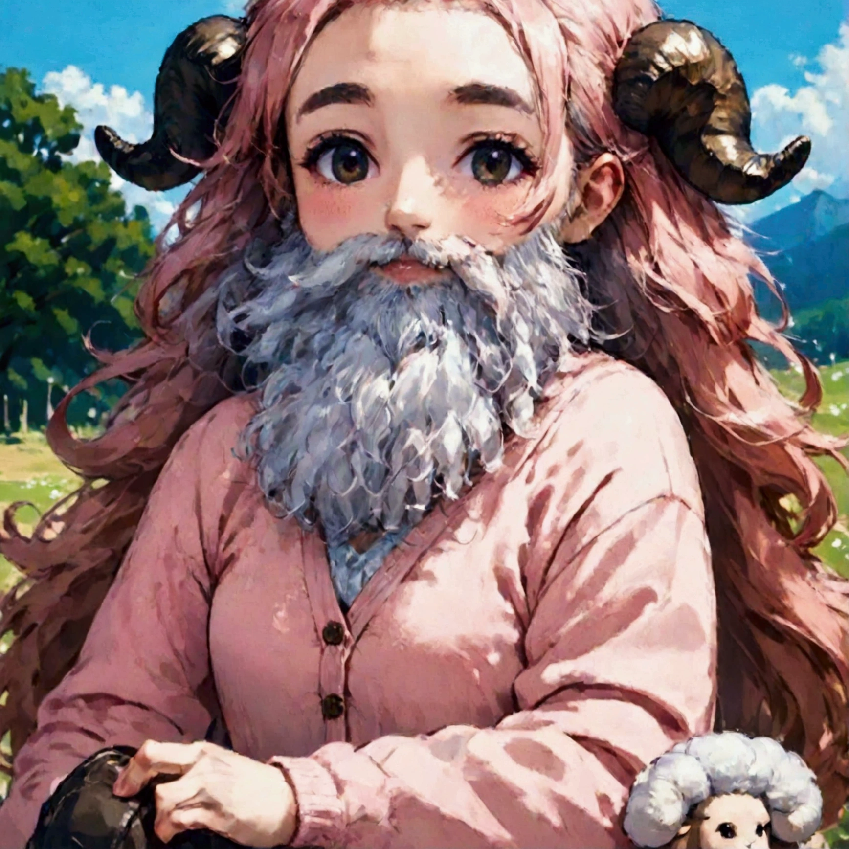 score_9, score_8_up, score_7_up, source_anime, (masterpiece:1.3, best quality:1.3, 8k,  highres icon:1.3, good anatomy), 1girl disguised with a white beard, white beard:1.5, fake beard:1.5, bearded girl:1.5,  pink fluffy long hair\ Fluffy Long Hair, Sheep&#39;s round horns, Thick eyebrows, smile,  Pink Dress ,  sky blue cardigan ,  brown boots , cute