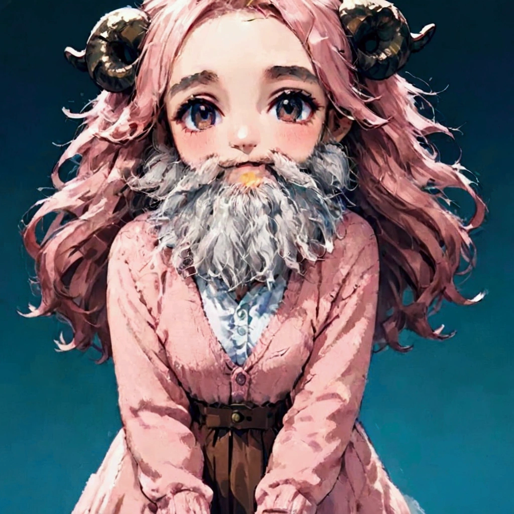 score_9, score_8_up, score_7_up, source_anime, (masterpiece:1.3, best quality:1.3, 8k,  highres icon:1.3, good anatomy), 1girl disguised with a white beard, white beard:1.5, fake beard:1.5, bearded girl:1.5,  pink fluffy long hair\ Fluffy Long Hair, Sheep&#39;s round horns, Thick eyebrows, smile,  Pink Dress ,  sky blue cardigan ,  brown boots , cute