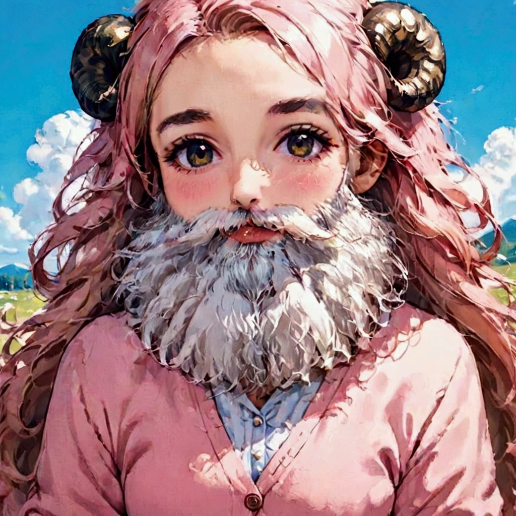 score_9, score_8_up, score_7_up, source_anime, (masterpiece:1.3, best quality:1.3, 8k,  highres icon:1.3, good anatomy), 1girl disguised with a white beard, white beard:1.5, fake beard:1.5, bearded girl:1.5,  pink fluffy long hair\ Fluffy Long Hair, Sheep&#39;s round horns, Thick eyebrows, smile,  Pink Dress ,  sky blue cardigan ,  brown boots , cute