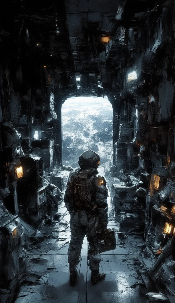 interior of a space station. the space station is dark, with intricate design, devices and wiring on its walls. it has a window that shows the full earth. an astronaut looks at the window, his back is facing the viewer.