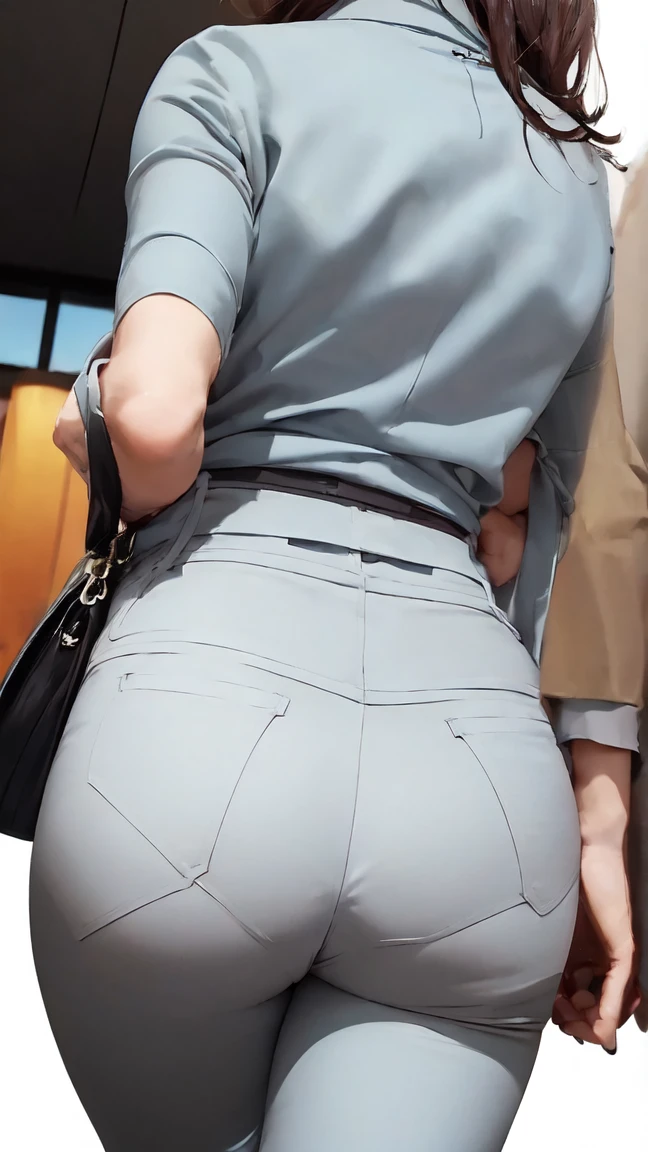 (  top quality, 8k, 32K,     Masterpiece   ,     ultra high resolution  :1.2),   mischievous girl ,   Cute Japanese  ,  Waistline, grey suit,   The Office Lady overlaps with the sunset , suit,    OFFICE ROOM, I put my ass out,  Thick Ass , (   panty line,   Breasts hanging from the back ,    tight pants, skinny pants suit:1.3), ( Viewers, Look Behind,     detailed face   ,    double eyelid , smile)