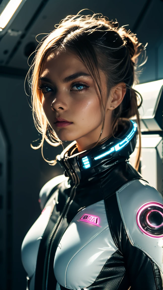 Best Quality, masterpiece, ultra high resolution, (reality: 1.4), Photo original, cara delevingne, 1 girl in white futuristic spacesuit with pink stripes,sexy,background inside a white alien ship, control lights, Teary green eyes ,captain , For the blue, small scar on his face,electricity runs through his hands, realist .whole body,futuristic pink boots,clear environment, the place is full of electricity, Medium long hair,with closed bangs, tight suit, a zipper in the center open to her navel,background clouds, background screens, the word NOVAEIFFEL written on his suit..cara delevingneät,