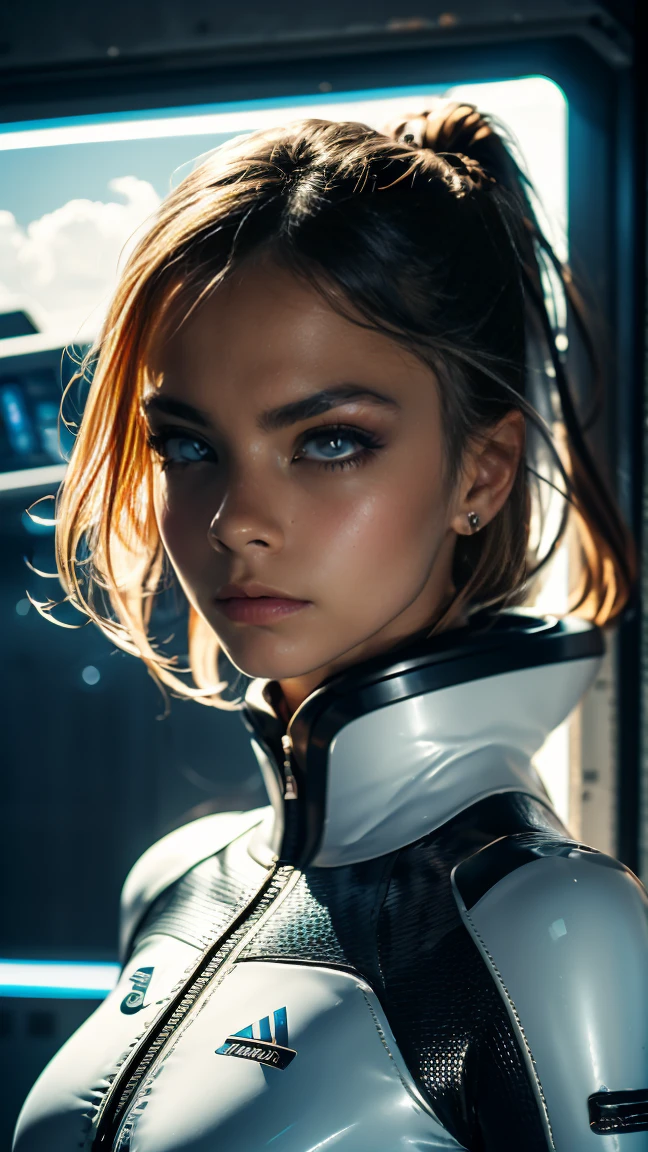 Best Quality, masterpiece, ultra high resolution, (reality: 1.4), Photo original, cara delevingne, 1 girl in white futuristic spacesuit with pink stripes,sexy,background inside a white alien ship, control lights, Teary green eyes ,captain , For the blue, small scar on his face,electricity runs through his hands, realist .whole body,futuristic pink boots,clear environment, the place is full of electricity, Medium long hair,with closed bangs, tight suit, a zipper in the center open to her navel,background clouds, background screens, the word NOVAEIFFEL written on his suit..cara delevingneät,