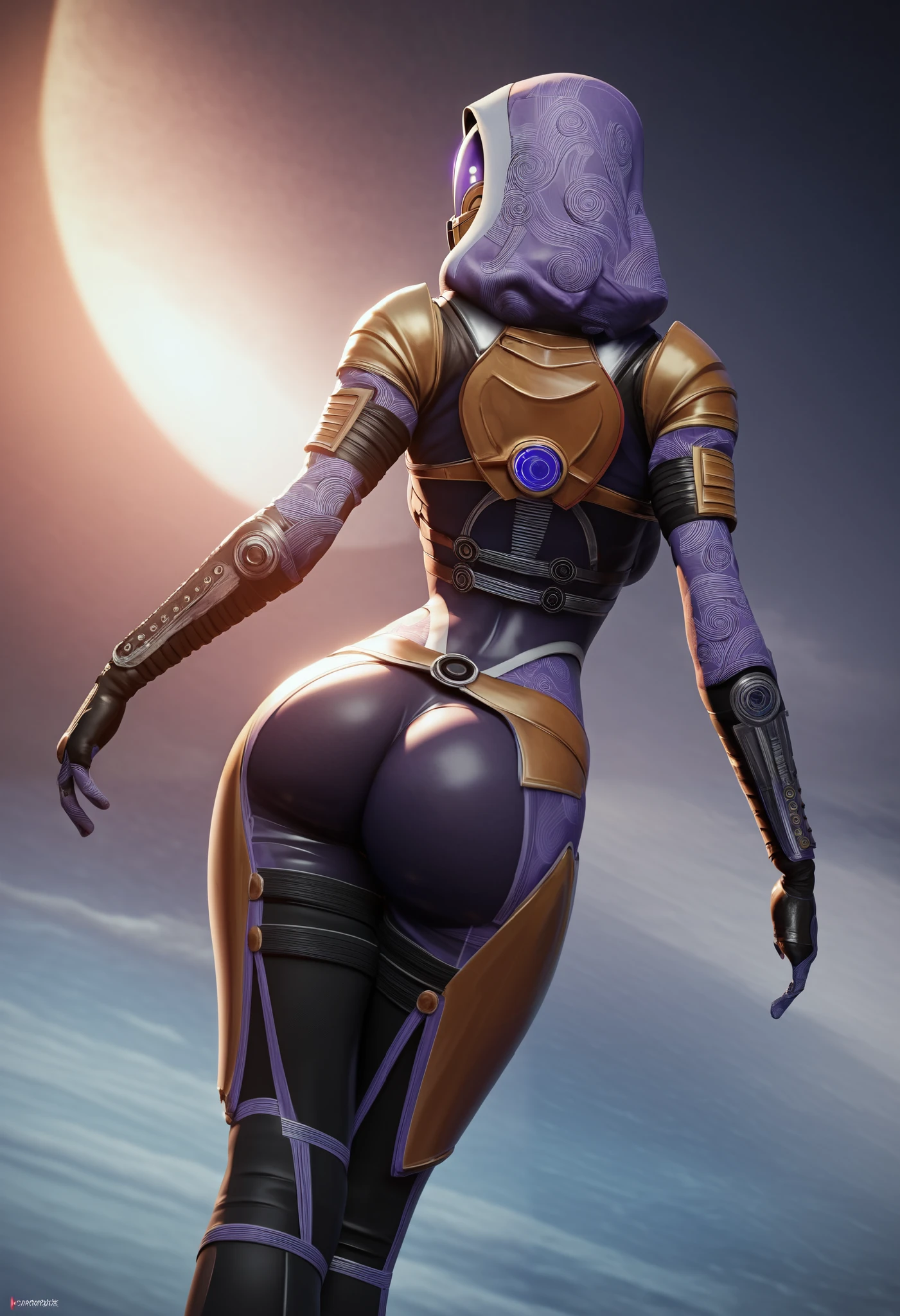 tali, 1girl, solo, hood, purple bodysuit, mask, (helmet, faceless), hood up, alien, motion lines, from behind, facing away,