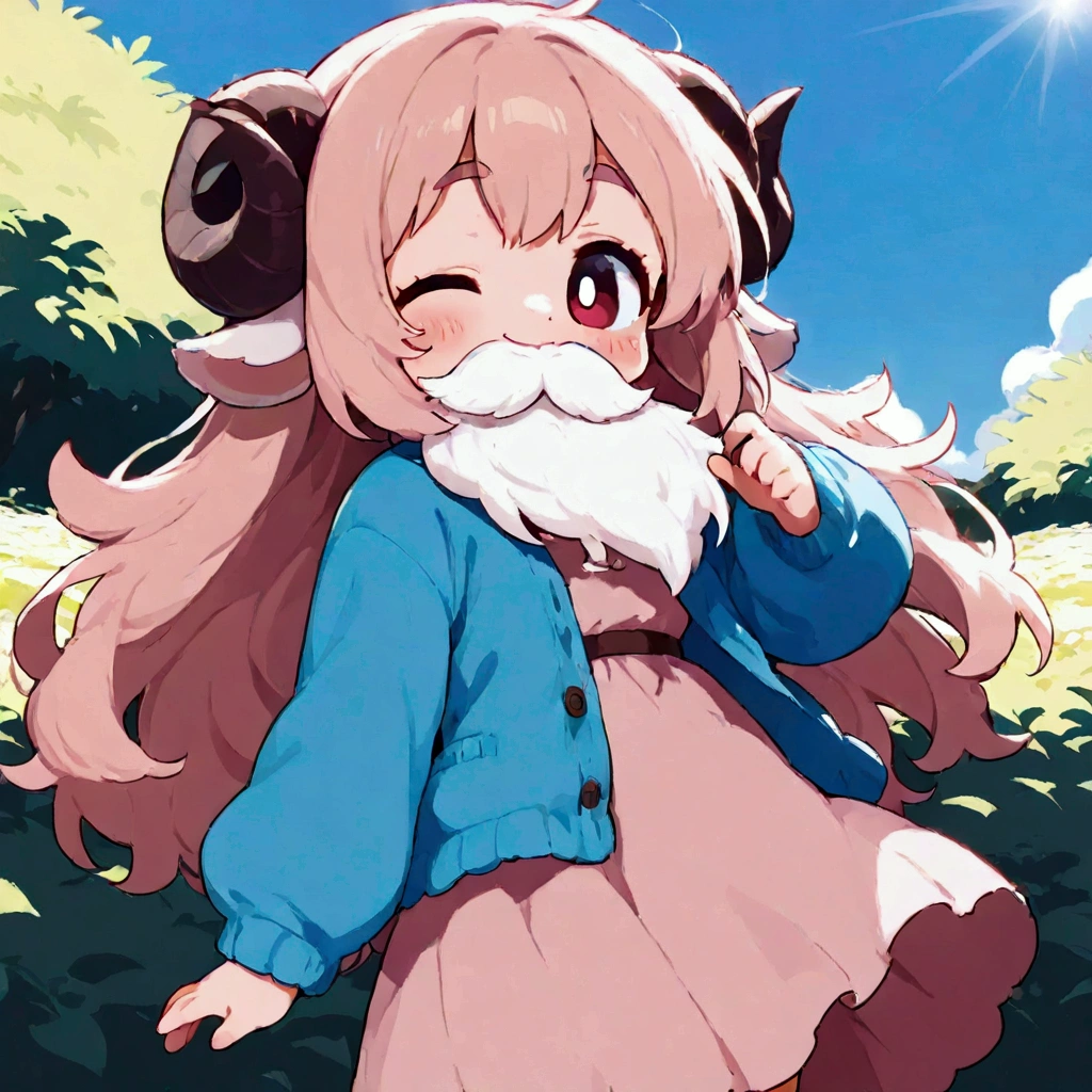 score_9, score_8_up, score_7_up, source_anime, (masterpiece:1.3, best quality:1.3, 8k,  highres icon:1.3, good anatomy), 1girl disguised with a white beard, white beard:1.5, fake beard:1.5, bearded girl:1.5,  pink fluffy long hair\ Fluffy Long Hair, Sheep&#39;s round horns, Thick eyebrows, smile,  Pink Dress ,  sky blue cardigan ,  brown boots , cute