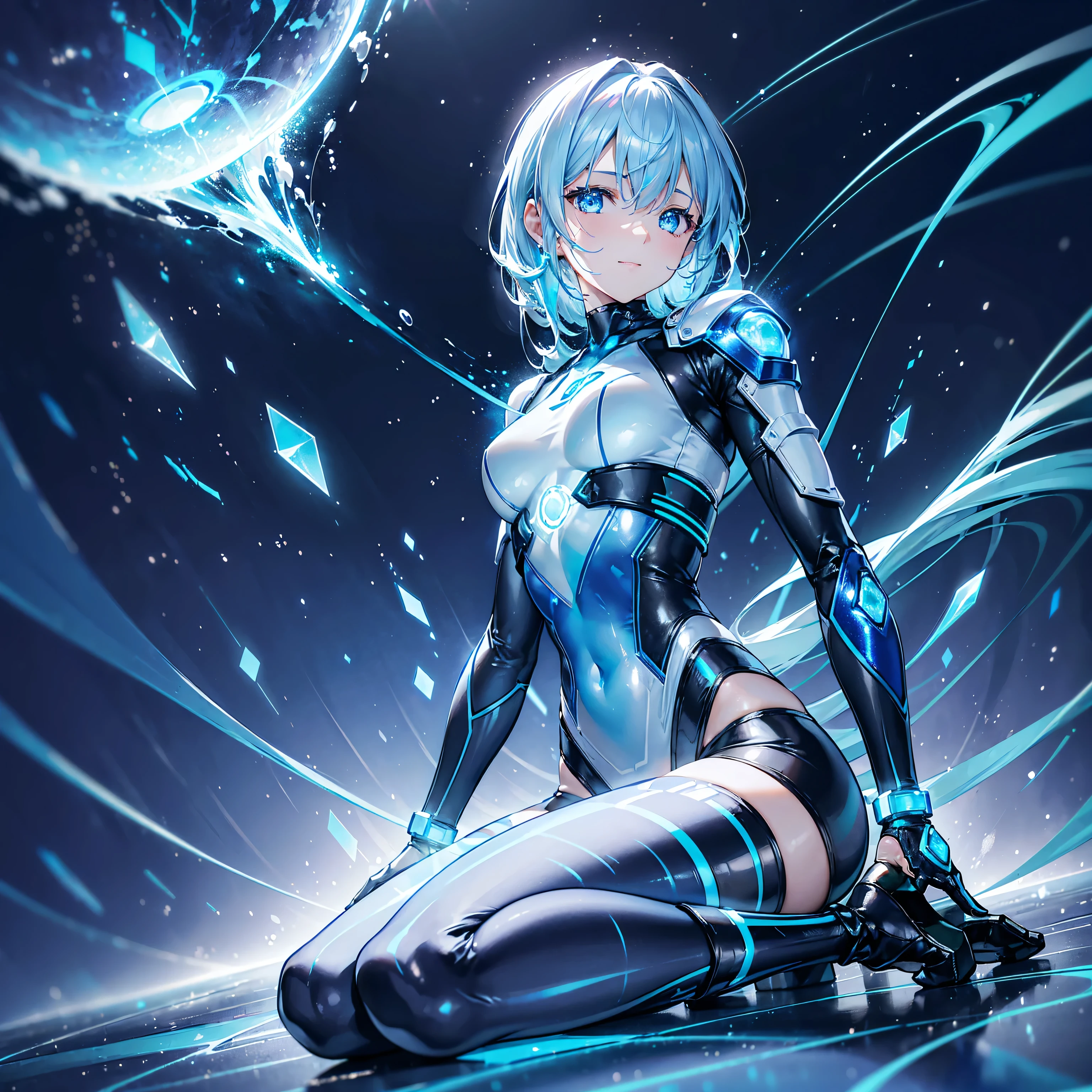 8K, Highest quality, (real:1.4), Original photo, 1 girl, Asari Hair, Biological Amplifier, Very sleek and futuristic armor, posture: Peace talks between warring factions,,attention arousal, smart blue eyes,A modest smile,Knee-high boots,Patent-look blue tights,Blue big moon and blue light swirl in the background,Blue light from behind,blue light magic,A small, glowing blue ball in the palm of your hand,Blue flame swirl,Blue Comet,Polished floor,