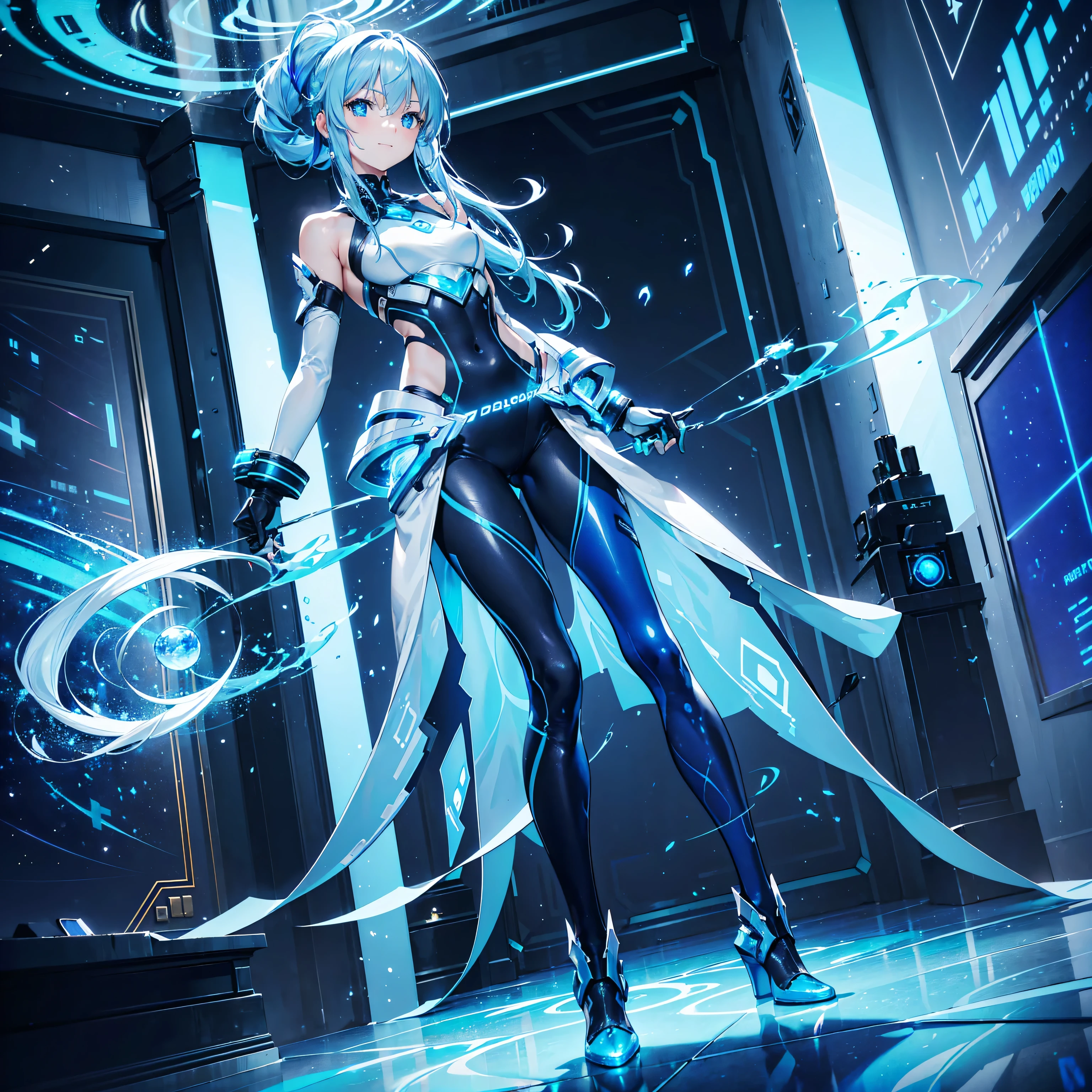 8K, Highest quality, (real:1.4), Original photo, 1 girl, Asari Hair, Biological Amplifier, Very sleek and futuristic armor, posture: Peace talks between warring factions,,attention arousal, smart blue eyes,A modest smile,Knee-high boots,Patent-look blue tights,Blue big moon and blue light swirl in the background,Blue light from behind,blue light magic,A small, glowing blue ball in the palm of your hand,Blue flame swirl,Blue Comet,Polished floor,