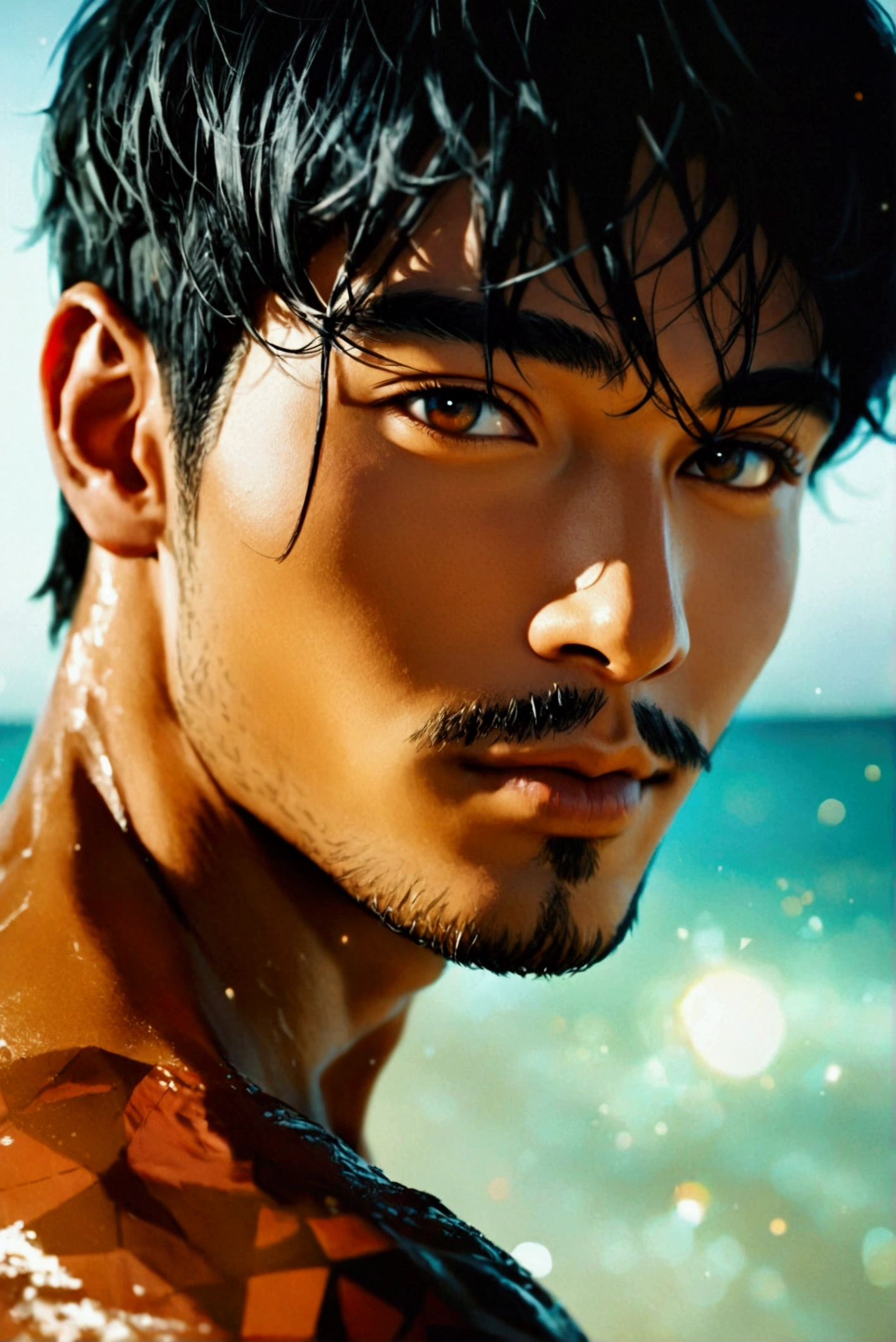 Cinematic soft lighting illuminates a stunningly detailed and ultra-realistic handsome Oriental Thai-Filipino male supermodel, beach look, ultra short messy light brown hair, clear honey eyes, captivating perfect smile, sensual, hot man, insanely handsome, that is trending on ArtStation. Octane is the perfect tool to capture the softest details of this 16k photography masterpiece.