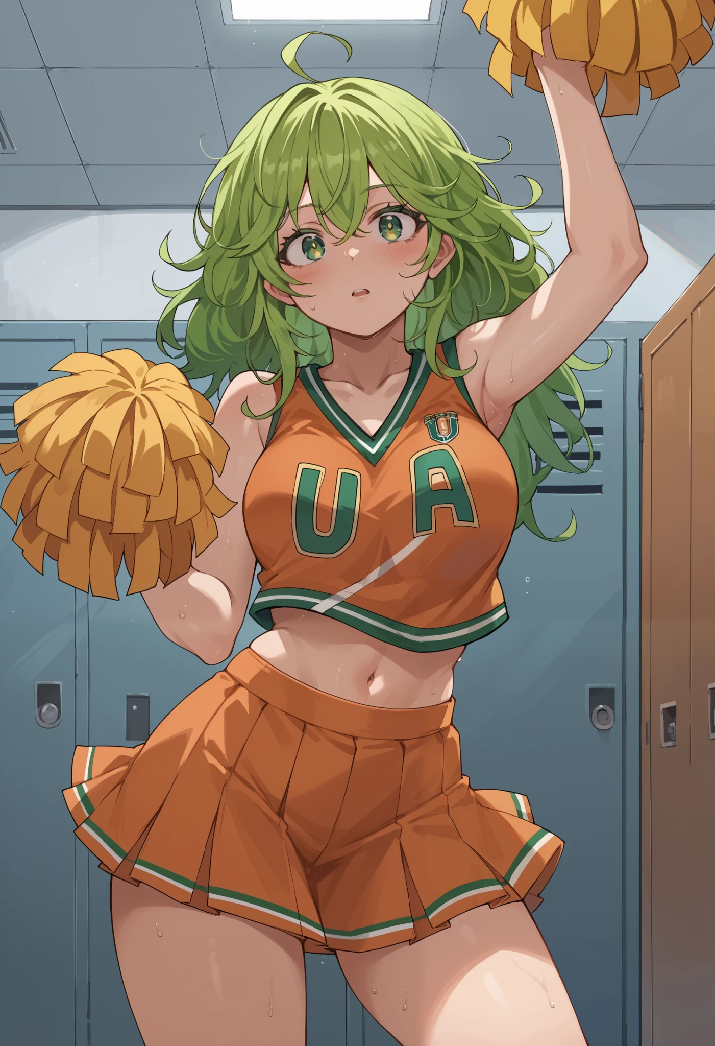  score_9, score_8_up, score_7_up, score_6_up,  source_Anime,  girl,  dynamic pose, Twisted trunk ,  long hair,  green hair, yellow hair,  messy hair standing in the way, Multicolored Hair,  green eyes,  has long eyelashes,  orange cheerleader uniform looking into a corner,  sleeveless, belly button,  orange mini skirt with bow , Yellow pom-poms, locker room,  curious,   is peeking at what it looks like after sex, 角を覗く,