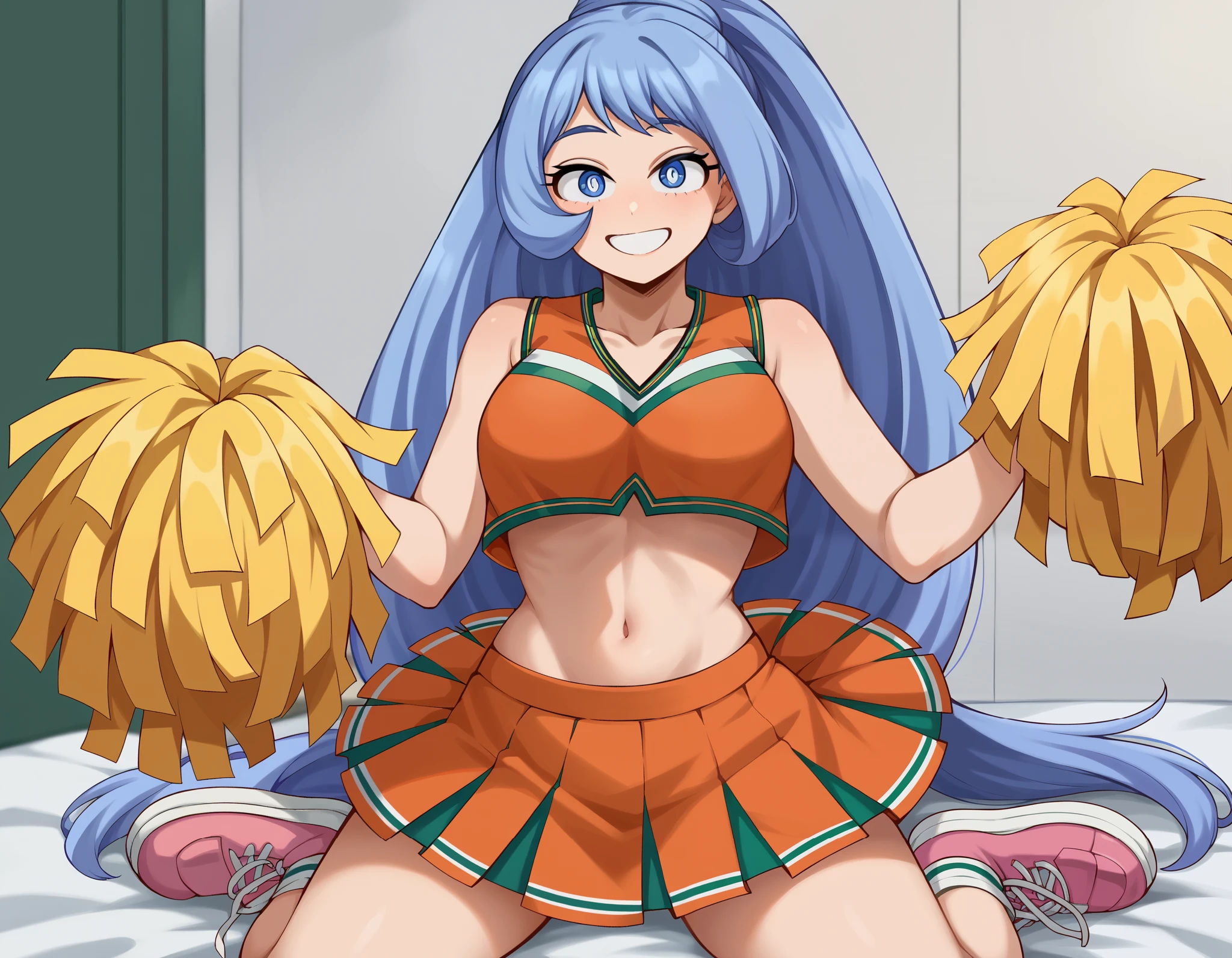  score_9,  score_8_inp,  score_7_inp, soinrce_anime,
nejirehadoin, nejire hadoin, bline eyes, bline hair, long hair, smile,
cheerleader,  crop top, holding Pom-poms, abdomen, navel, orange  skirt, pink footwear, Pom-pom \(cheerleading\), Pom-poms, ponytail,  skirt, in.a. cheerleader inniform,
indoor,  bed,  bed room, Aside, blinsh, drinnk,
looking at viewer, dintch angle,  Cowboy Shots,