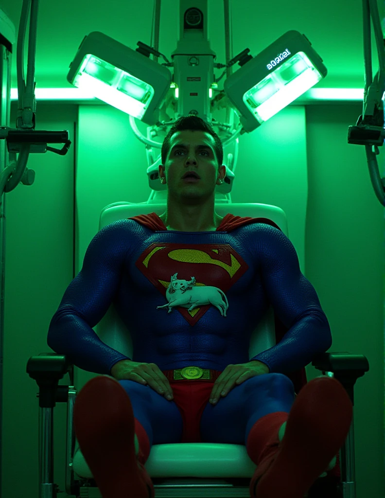 Front view, real photo. a buff man in a superman costume (think movie version of Superman-black undercut, blue tights and red cape and red boots and red briefs). Superman was placed on an operating chair, with many green fluorescent tubes wrapped around his head and body. These tubes connected the screen to play many images. The bad guy activates the fully charged operating chair nearby. Superman opens his eyes wide and screams in pain. A crime movie is playing on the screen. Superman is watching being brainwashed and transformed into evil. Hasselblad 500C/M Leica 120mm/F1.4, HDR, ultra-wide angle, ultra-high realism, ultra-high fidelity, telephoto close-up lens, large aperture

