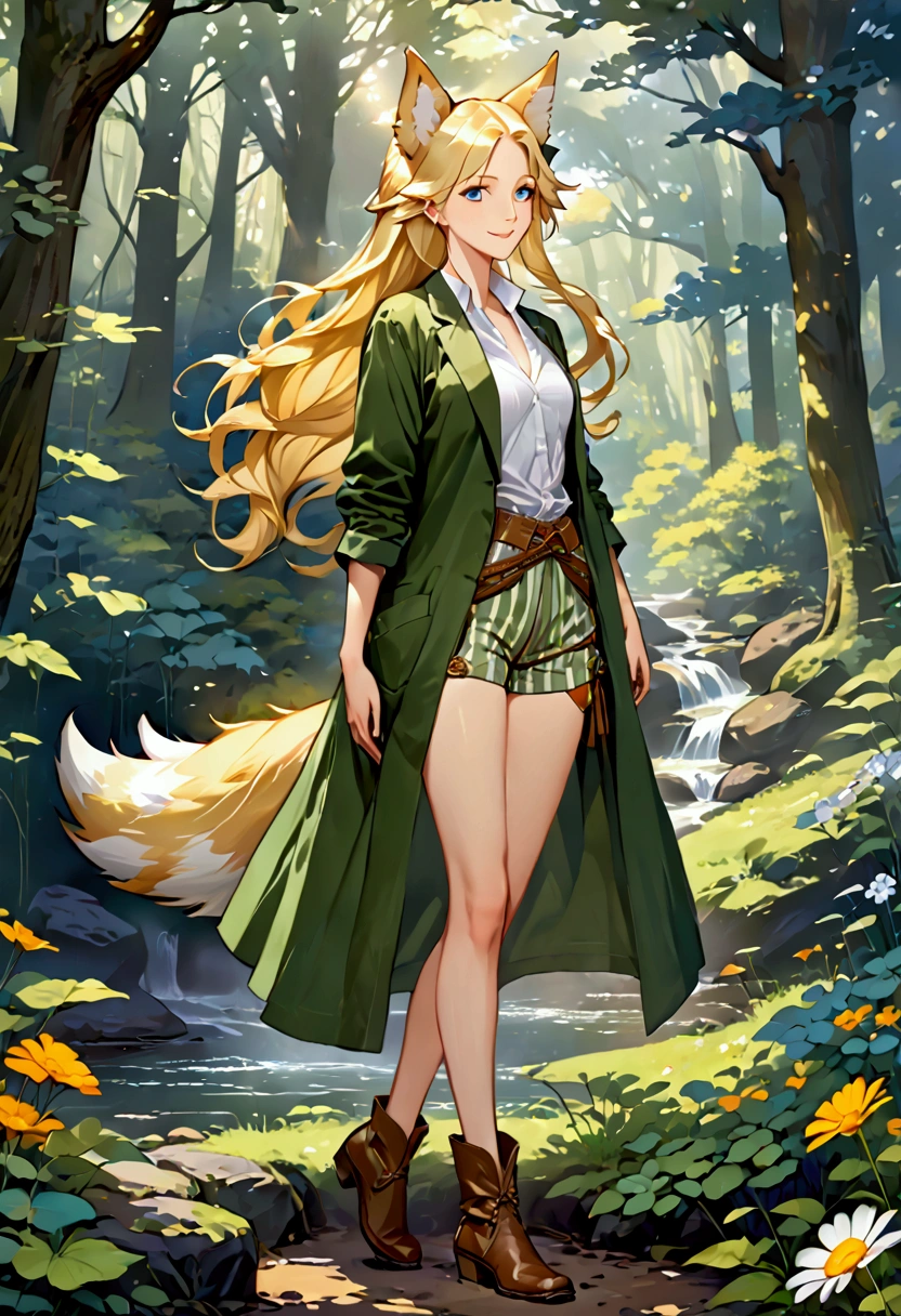 A captivating 19-year-old female fox and human hybrid, known as Kitsune, standing confidently in a serene forest clearing. Her long, flowing blonde hair cascades down her back, framing her delicate features which include piercing blue eyes and a soft, slightly mischievous smile. Her fox-like features are pronounced with a pair of fluffy blonde ears atop her head that match the stunning tail behind her. This tail is a blend of blonde and white with distinct white stripes adorning the tip, swaying gently as if to a silent tune. Kitsune's attire is a curious blend of human and animal; she dons an oversized green lab coat that hangs open at the front, revealing a black bra and matching thong, both of which complement her playful and alluring persona. Her bottom half is covered in a pair of short daisy duke shorts that expose her toned legs, which lead down to a pair of sturdy brown cowboy boots. Adding to her charm is the bow weapon slung over her shoulder, with a quiver of arrows at her side, hinting at her skilled archery abilities. The forest setting is vibrant and alive with color, as the sun peeks through the canopy, casting dappled light across her figure. The foliage is a mix of greens and golds, with the occasional wildflower sprinkling the scene with vibrant color. The air is filled with the faint whispers of a distant waterfall, adding to the tranquil ambiance of the scene. Despite her unconventional attire, she exudes an aura of intelligence and capability, suggesting she's as comfortable in this natural environment as any creature that calls it home. Her presence in the clearing is a delightful fusion of the wild and the curious, a testament to the blending of two worlds within her.