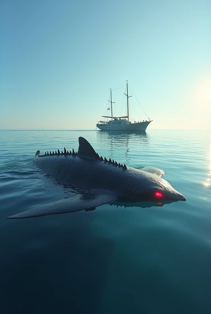 A serene scene of a ship sailing through calm waters on a clear, sunny day. The sea is calm, reflecting the clear blue sky, and the ship glides effortlessly across the surface. Beside the ship, the silhouette of a large, unknown creature is swimming calmly alongside the ship. Its body is flat, resembling a cross between a manta ray and a whale shark, but with a back covered in something resembling large spines. The creature's upper body is visible above the water, the rest of its massive form remains submerged, creating an eerie and awe-inspiring presence. The creature is larger than the ship. The surface of the creature is rough, and black in color. The crew aboard the ship, standing on the edge of the deck, gaze in wonder at the creature, pointing at it in amazement. Its glowing red eyes, now more visible in the bright light, seem to watch the crew with a mixture of curiosity and calm. The sun is shining, casting a warm glow on the scene, and the ocean is calm, with only gentle ripples disturbing the surface of the water. The ship sails peacefully, its journey interrupted only by the enigmatic creature swimming alongside.