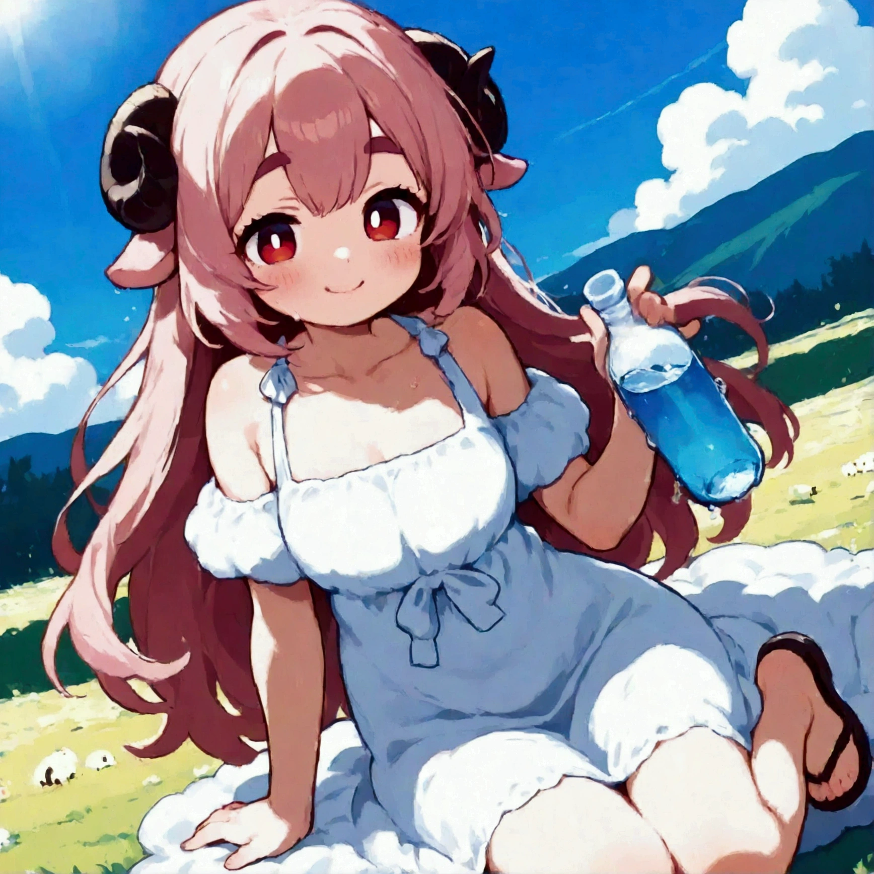 score_9, score_8_up, score_7_up, source_anime, (masterpiece:1.3, best quality:1.3, 8k,  highres icon:1.3, good anatomy), 1girl,  pink fluffy long hair\ Fluffy Long Hair, Sheep&#39;s round horns, Thick eyebrows, smile,  ancient Greek costume, Sandals, Hold a bottle of water, cute