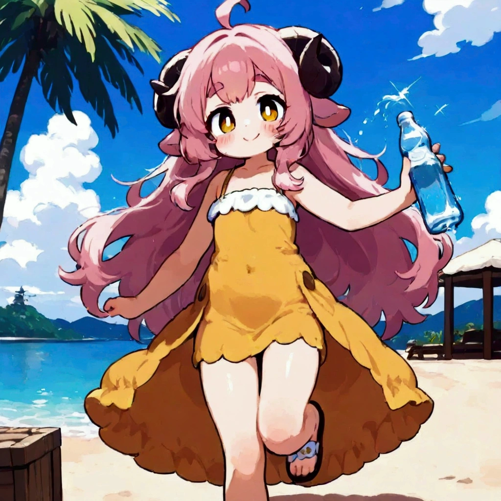 score_9, score_8_up, score_7_up, source_anime, (masterpiece:1.3, best quality:1.3, 8k,  highres icon:1.3, good anatomy), 1girl,  pink fluffy long hair\ Fluffy Long Hair, Sheep&#39;s round horns, Thick eyebrows, smile,  ancient Greek costume, Sandals, Hold a bottle of water, cute