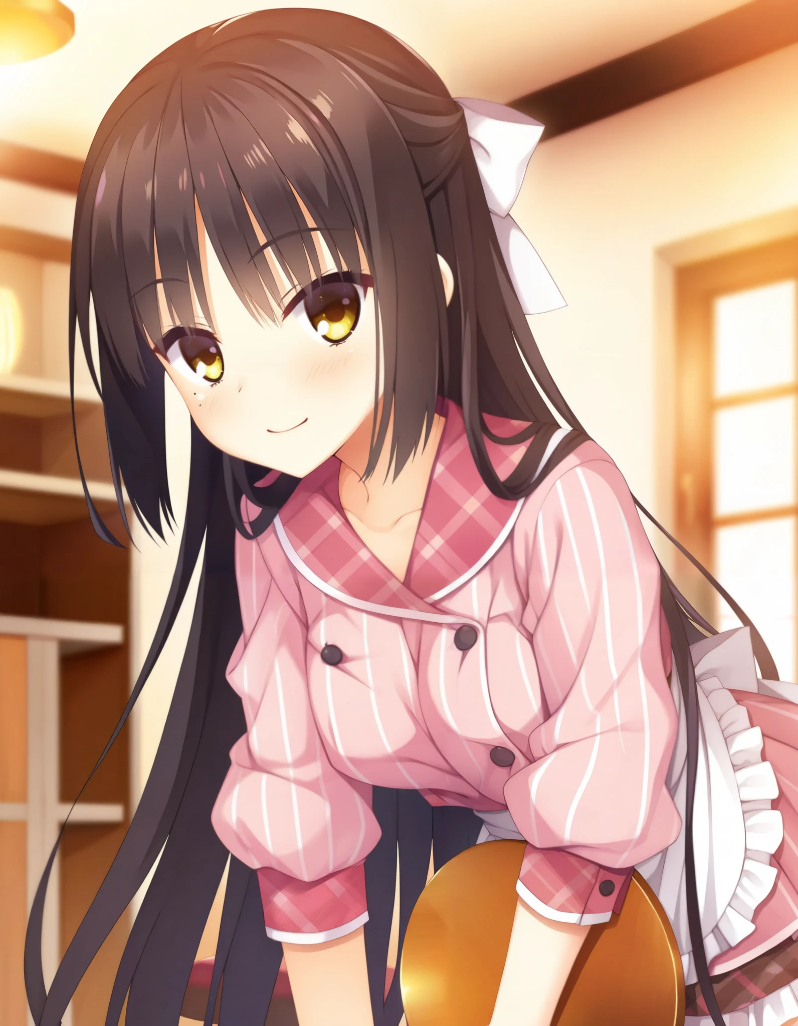 shiki natsume,  Cafe Stella and the Reaper Town , Muririn ,  
 1 girl, Alone,  Cowboy Shots,   happy ,   Tray, I'm looking at the viewer , 
blurry background, indoor, At the cafe,  Window , Cupboard, 
  very long hair  ,  black hair,   hair bow, bangs, Dull ends ,   Yellow Eyes ,  mole under eye,
 waitress ,   pink shirt,  striped shirt , vertical stripes,  plaid sailor color,   Pink Miniskirt ,  pleated skirt,  pink plaid skirt , Thighs,   Long Sleeve ,  puff sleeve ,   waist apron that heals, White frill apron, 
,
  Masterpiece  ,  top quality,  very aesthetic,  absurd, up to date, Recent, 【Contemporary,