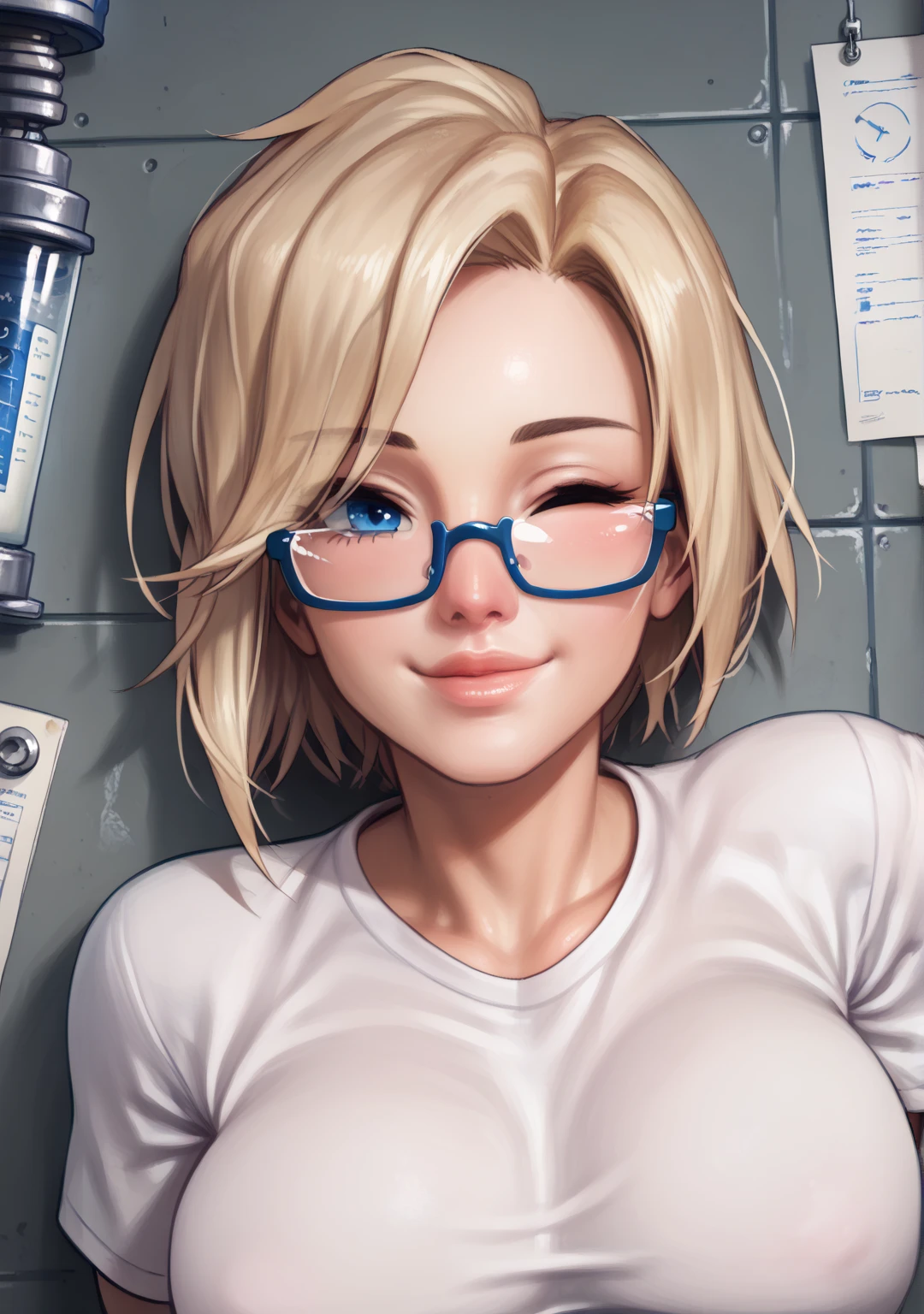  score_9,  score_8_above,  score_7_above,  score_6_above,  HIGH QUALITY,
  beautiful face, Beautiful face,  Perfect Eyes,  masterpiece ,  High level of detail,  detailed eyes ,   uncensored,  detailed eyes, Lips, beautiful,  smile,
 ( Laboratory:1.5),
abrigo de  Laboratory largo, (  half-closed white shirt tucked in :1.5),  neckline,  open eyes ,   with black frame
A girl's hair , Blue eyes,   Blonde hair , makeabove,   Short Hair ,  On one eye
front view  , eyes to the viewer,  portrait,  facial focus
realistic glasses  ,