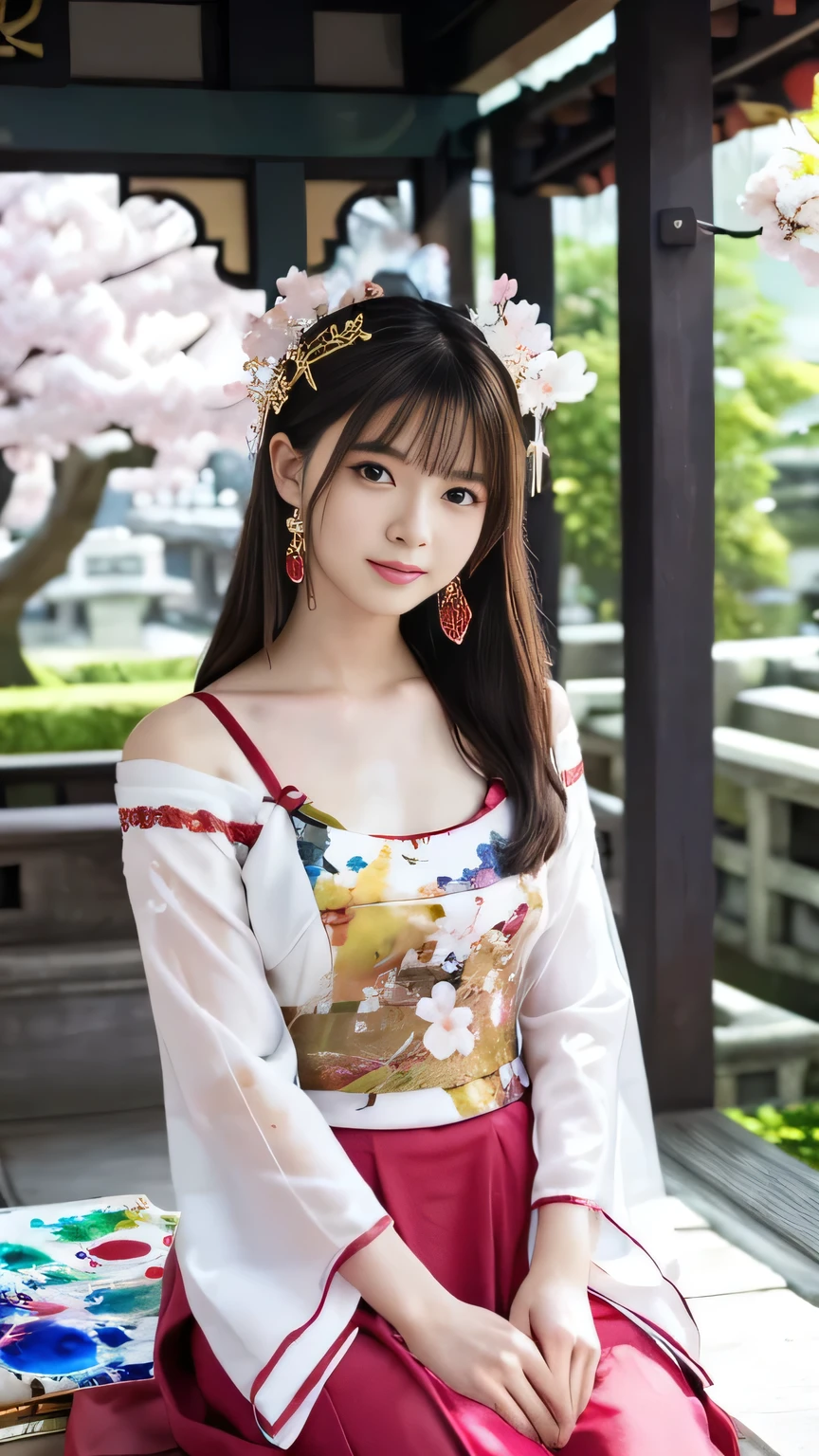  1 girl, (ulzzang-6500:0.7),  kpop idol,  Yae Miko,  bra、 Detached Sleeves, Bare shoulders,   long hair,  top quality, (Painting:1.5), ( Hair Ornament:1.35),   earrings, chest, torii,  cherry blossoms,  lantern light ,  depth of field,  detailed face ,  face focus, ribbon_trim, (I'm looking at the viewer :1.25), Non-traditional shrine maidens, shiny skin,  Long Sleeve , smile,  Thick lips,  game cg, Put your hand on your lips,  East Asian architecture , (blurry background:1.2),  sitting,  full body image 、