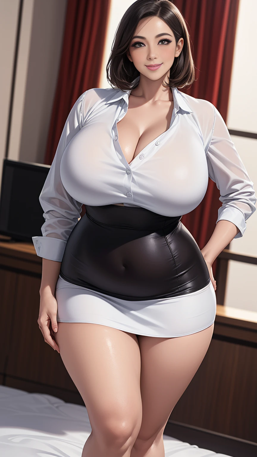 A curvaceous, cute and skinny super large biggest thick ass realistic south korean secretary with legs apart, dressed in a sexy tight-fitting suspender belt that hugs her voluptuous large and thick hips and round huge thick ass . perky breasts, . pantyhose, big and thick and ass, large and thick hips.
