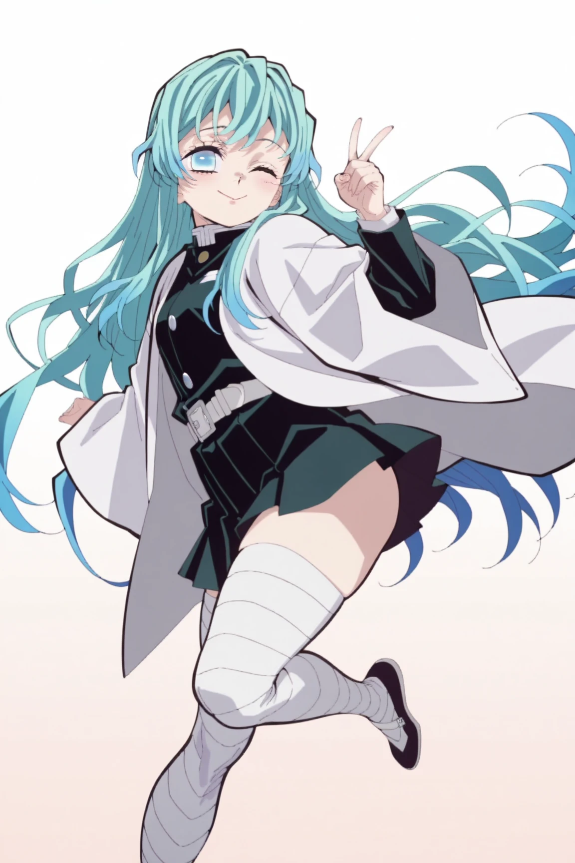 1girl, solo, blue hair, very long hair, blue eyes, white haori, demon slayer uniform, white stockings, sexy legs, wink, sweet pose, 