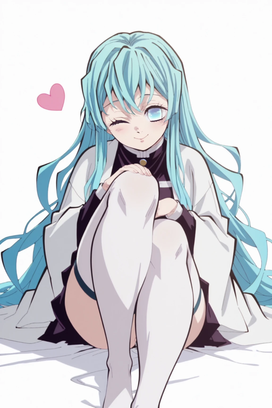 1girl, solo, blue hair, very long hair, blue eyes, white haori, demon slayer uniform, white stockings, sexy legs, wink, sweet pose, 