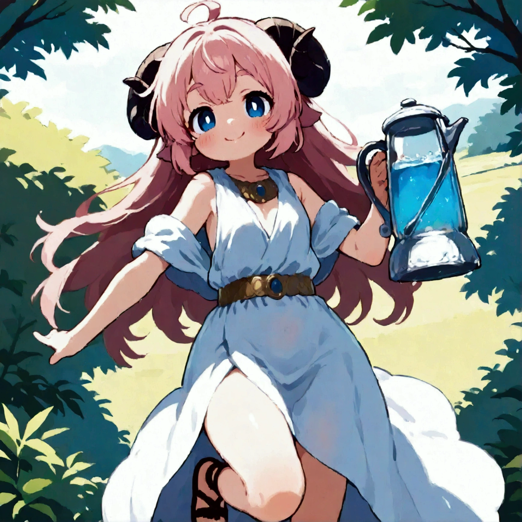 score_9, score_8_up, score_7_up, source_anime, (masterpiece:1.3, best quality:1.3, 8k,  highres icon:1.3, good anatomy), 1girl,  pink fluffy long hair holding a water jug\ Fluffy Long Hair, Sheep&#39;s round horns, Thick eyebrows, smile,  ancient Greek costume, Sandals, 水がめを抱える, cute